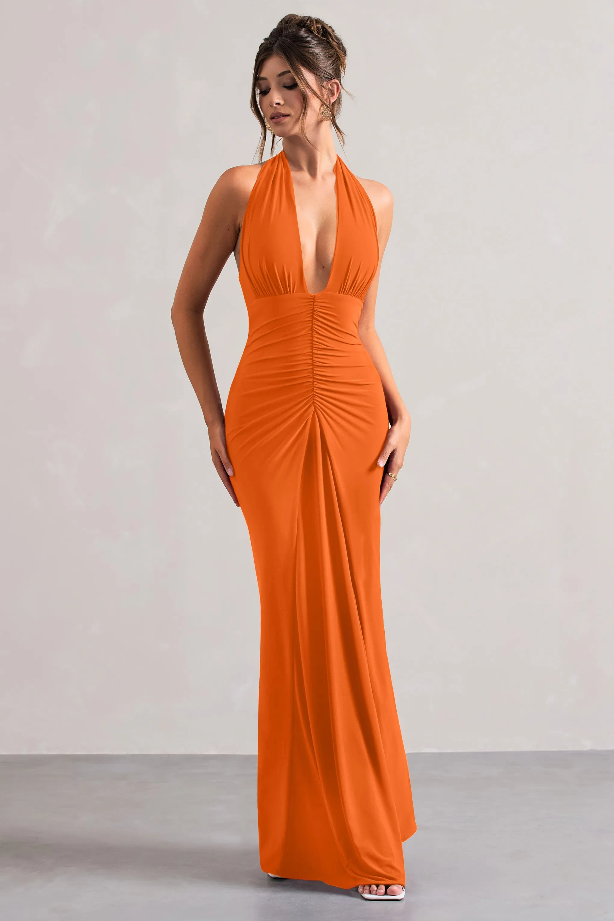 Payton | Orange Ruched Halter-Neck Maxi Dress sold by Club L London product image thumbnail 5