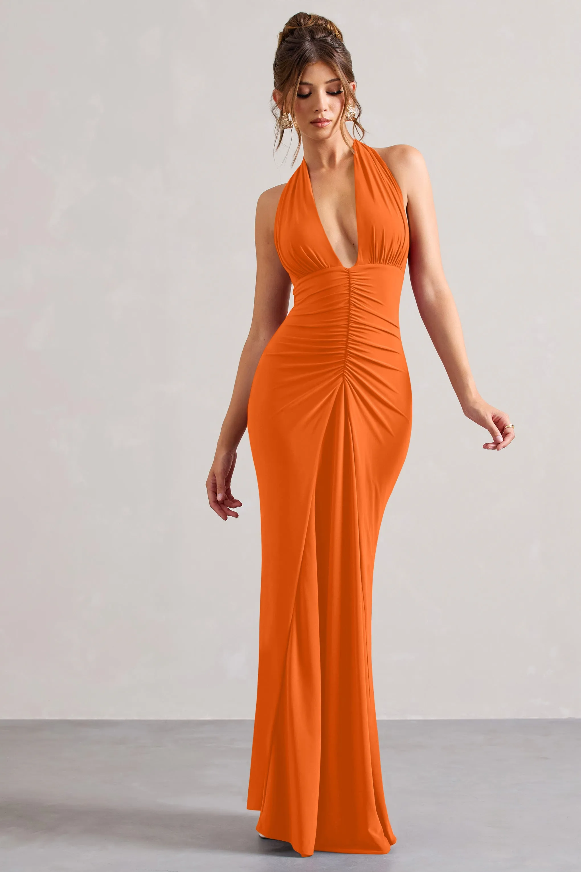 Payton | Orange Ruched Halter-Neck Maxi Dress sold by Club L London product image thumbnail 4