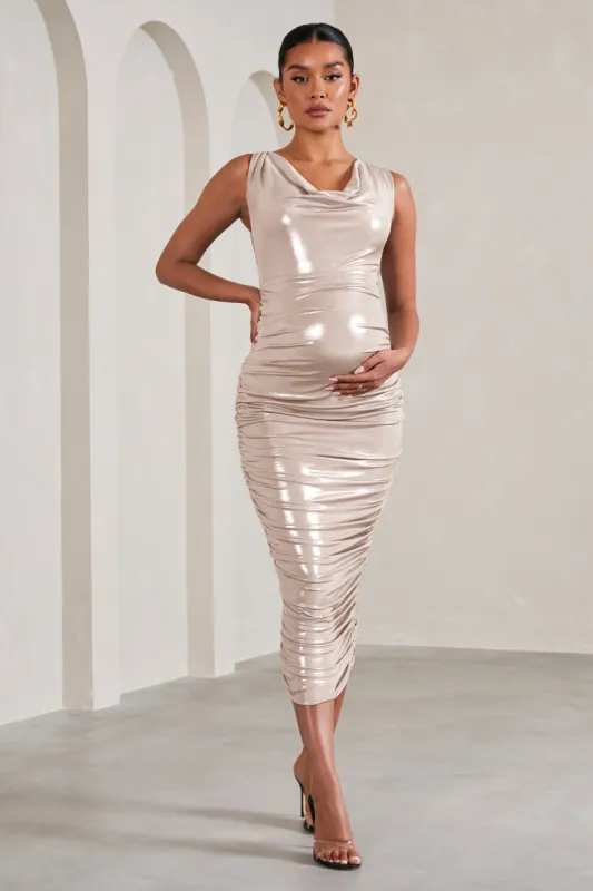 Mabel | Gold Metallic Cowl-Neck Ruched Maternity Midi Dress sold by Club L London
