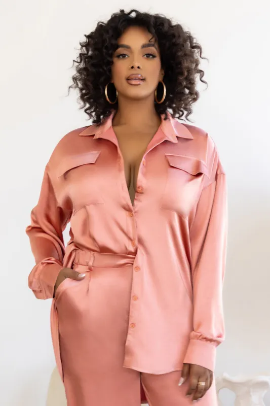 Limitless | Plus Coral Oversized Long Sleeve Satin Shirt With Placement Pocket sold by Club L London