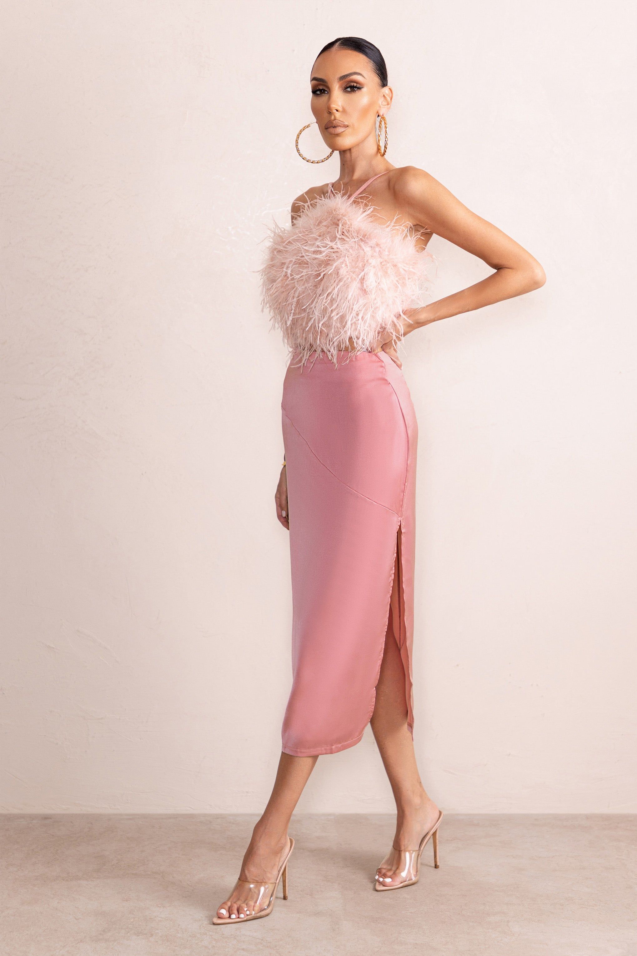 Look At Me | Pink Satin Side Split Midi Skirt sold by Club L London