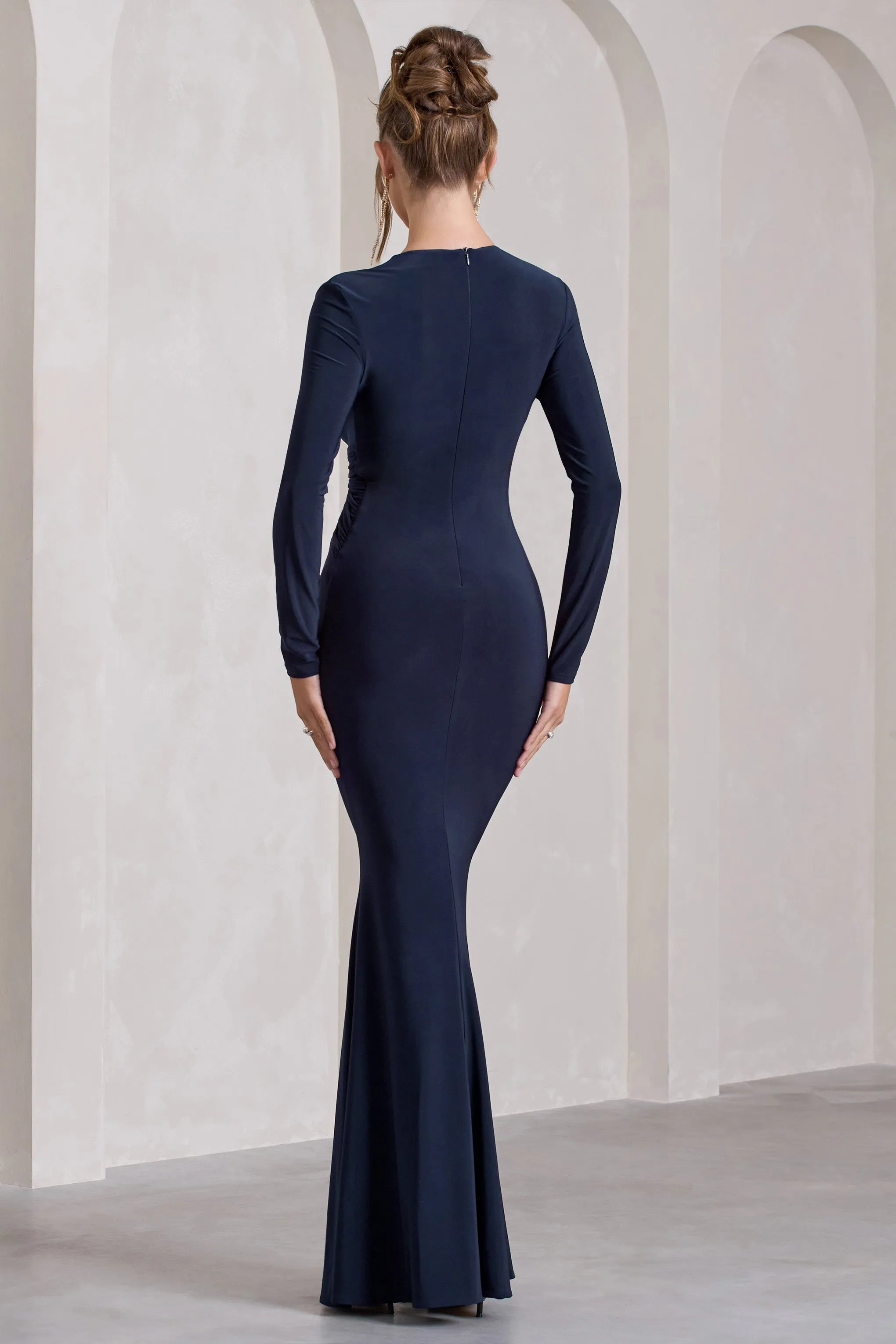 Aluna | Navy Plunge-Neck Twisted Split Maxi Dress sold by Club L London product image thumbnail 2