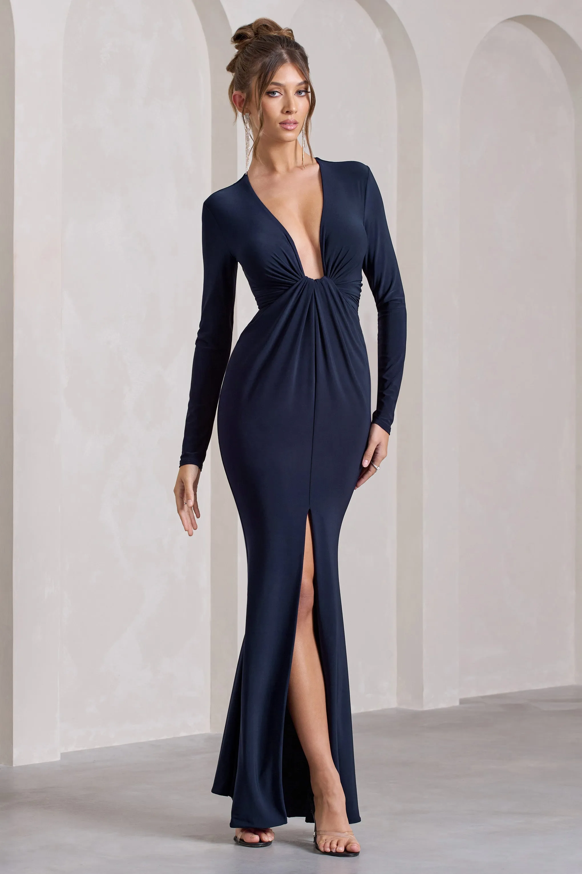 Aluna | Navy Plunge-Neck Twisted Split Maxi Dress sold by Club L London