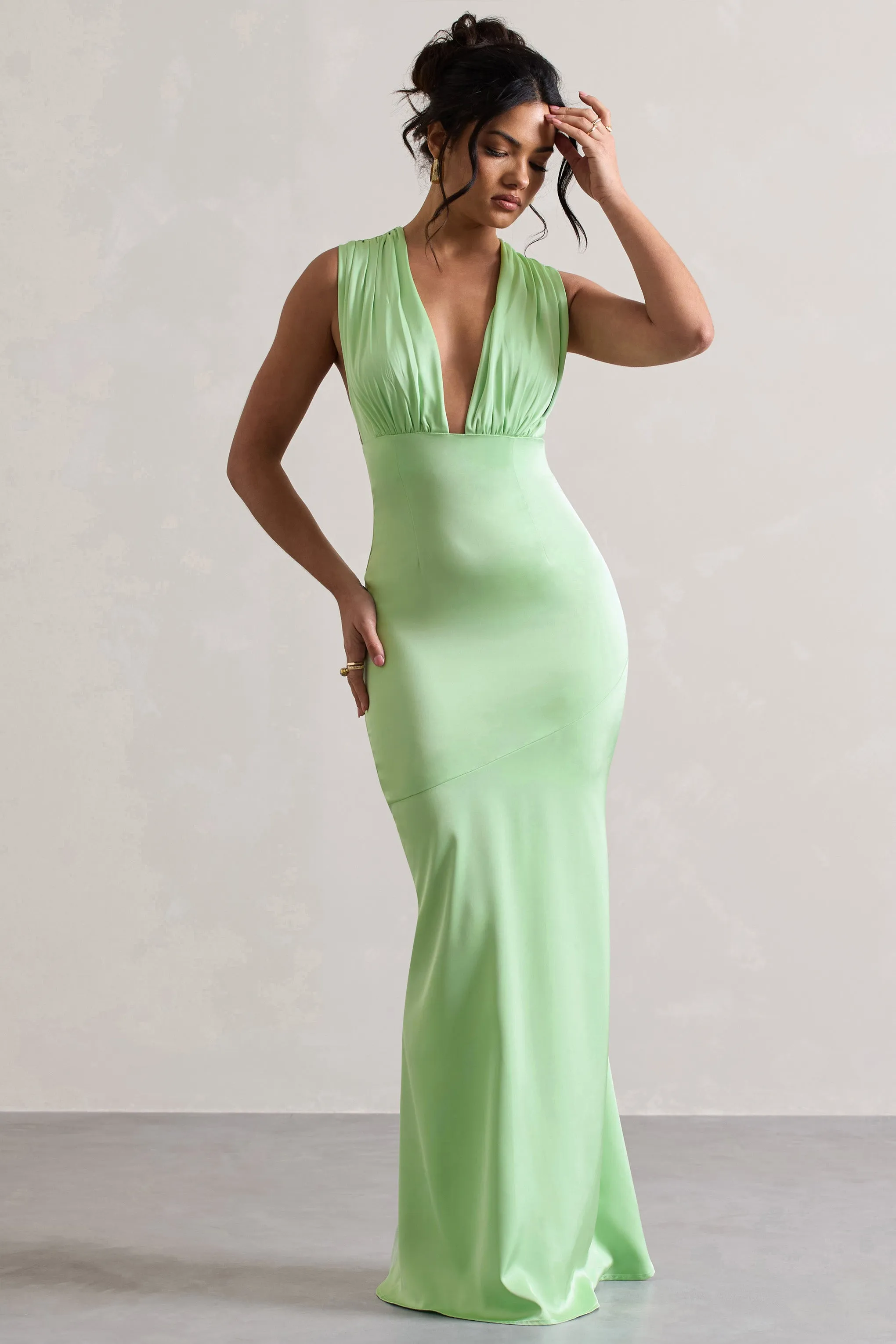 Azzara | Light Green Satin Ruched V-Neck Maxi Dress sold by Club L London product image thumbnail 4