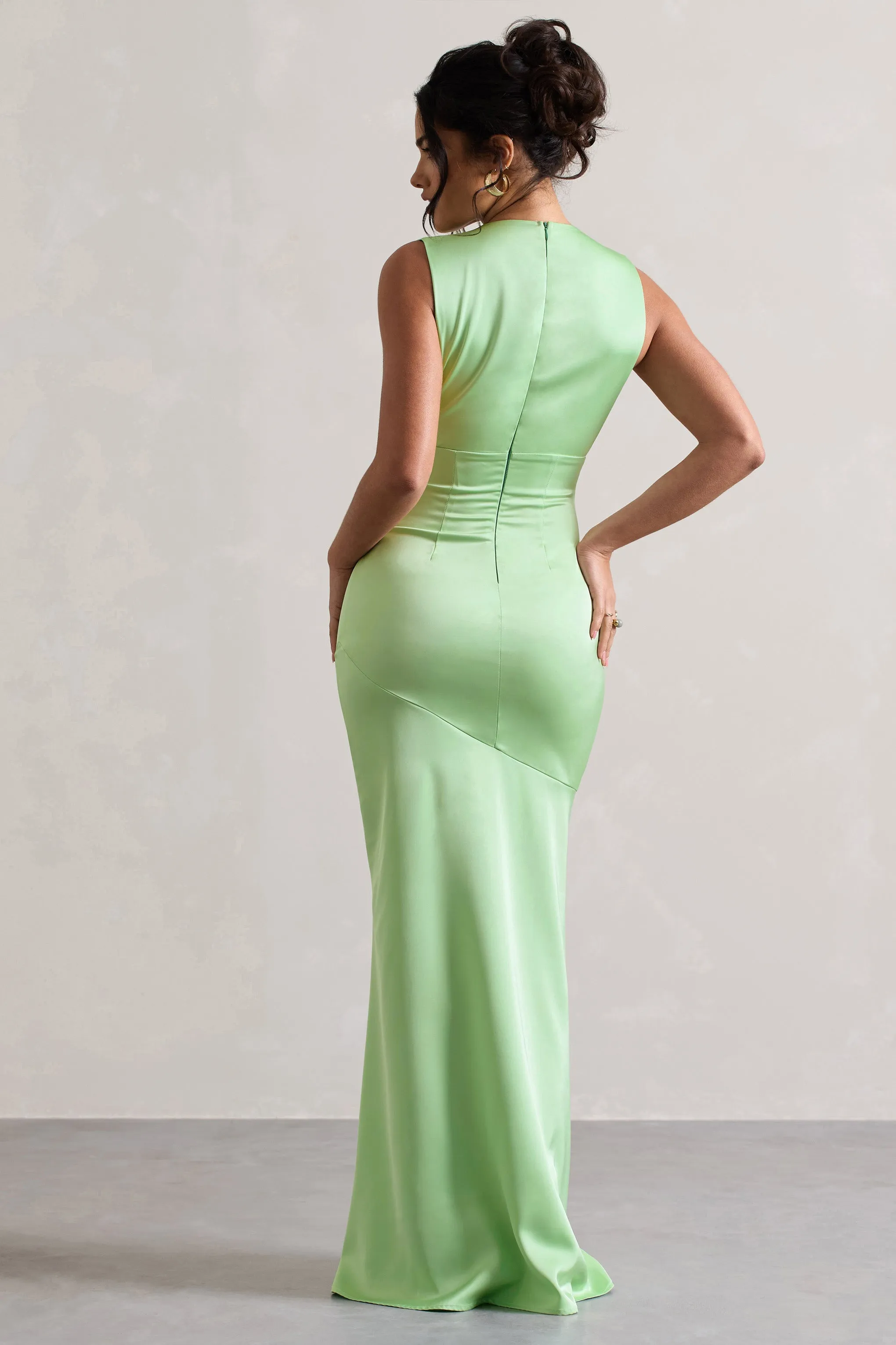 Azzara | Light Green Satin Ruched V-Neck Maxi Dress sold by Club L London product image thumbnail 2
