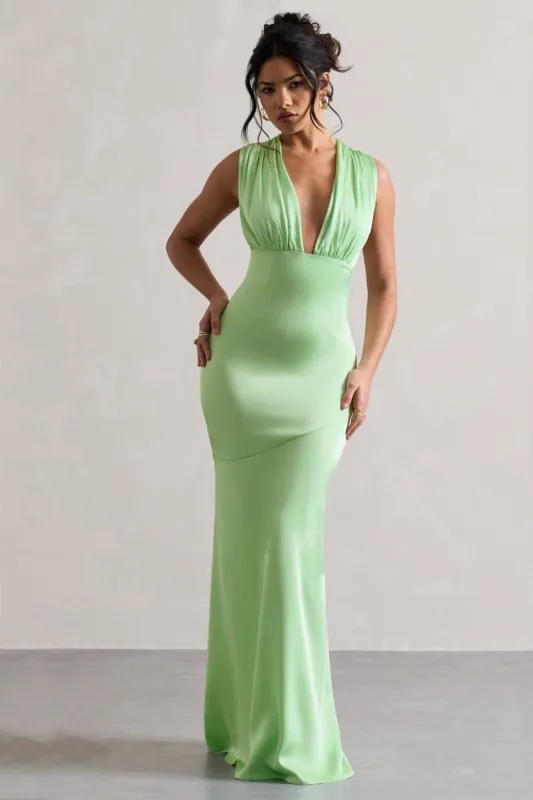 Azzara | Light Green Satin Ruched V-Neck Maxi Dress sold by Club L London