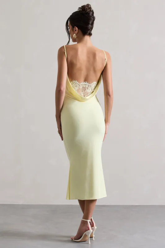 Addison | Lemon Cowl-Neck Open-Back Midi Dress With Lace sold by Club L London