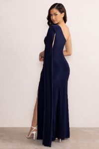 Alexia | Navy One-Shoulder Maxi Dress with Cape Sleeve and Thigh Split sold by Club L London