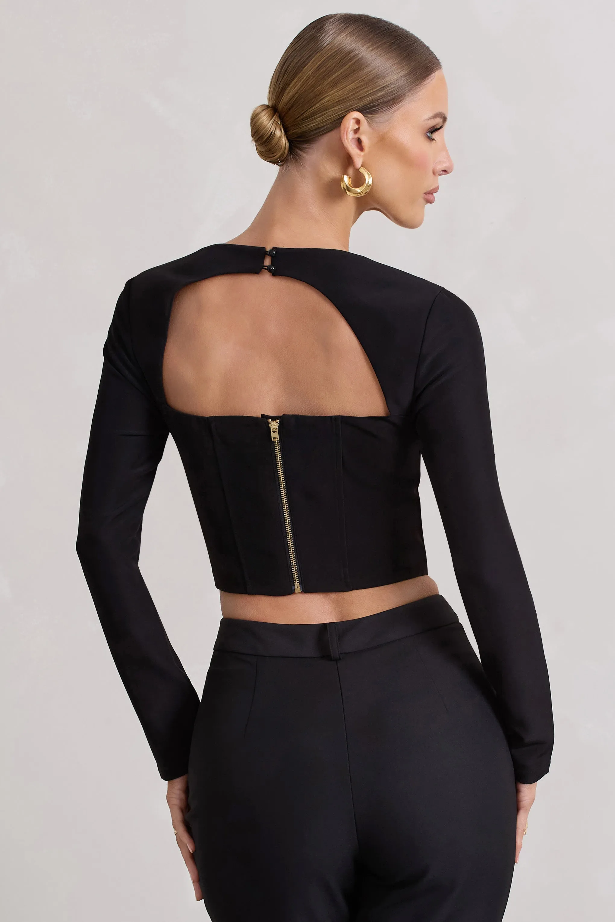 Kailey | Black Square-Neck Long-Sleeve Corset Top sold by Club L London product image thumbnail 3