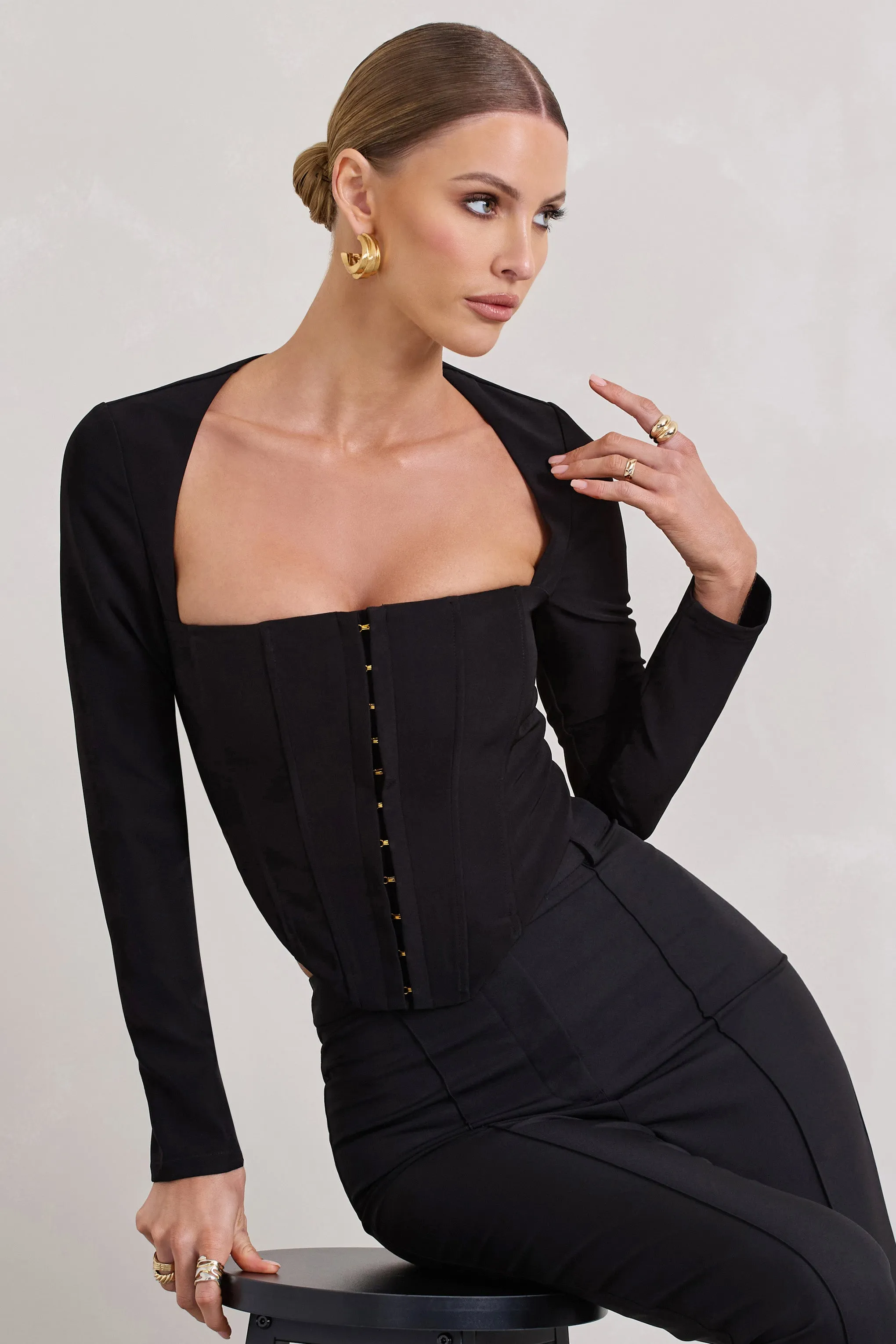 Kailey | Black Square-Neck Long-Sleeve Corset Top sold by Club L London product image thumbnail 2