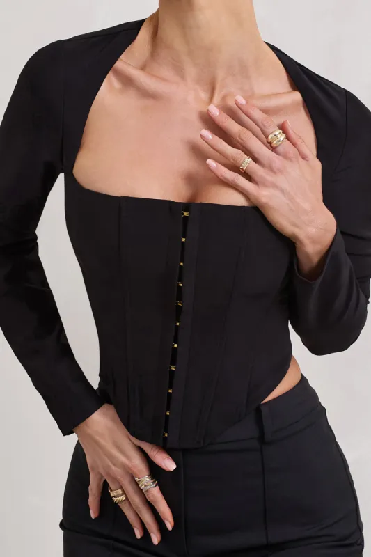 Kailey | Black Square-Neck Long-Sleeve Corset Top sold by Club L London