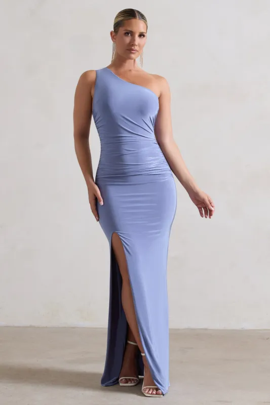 Ethereal | Blue One Shoulder Ruched Split Maxi Dress sold by Club L London
