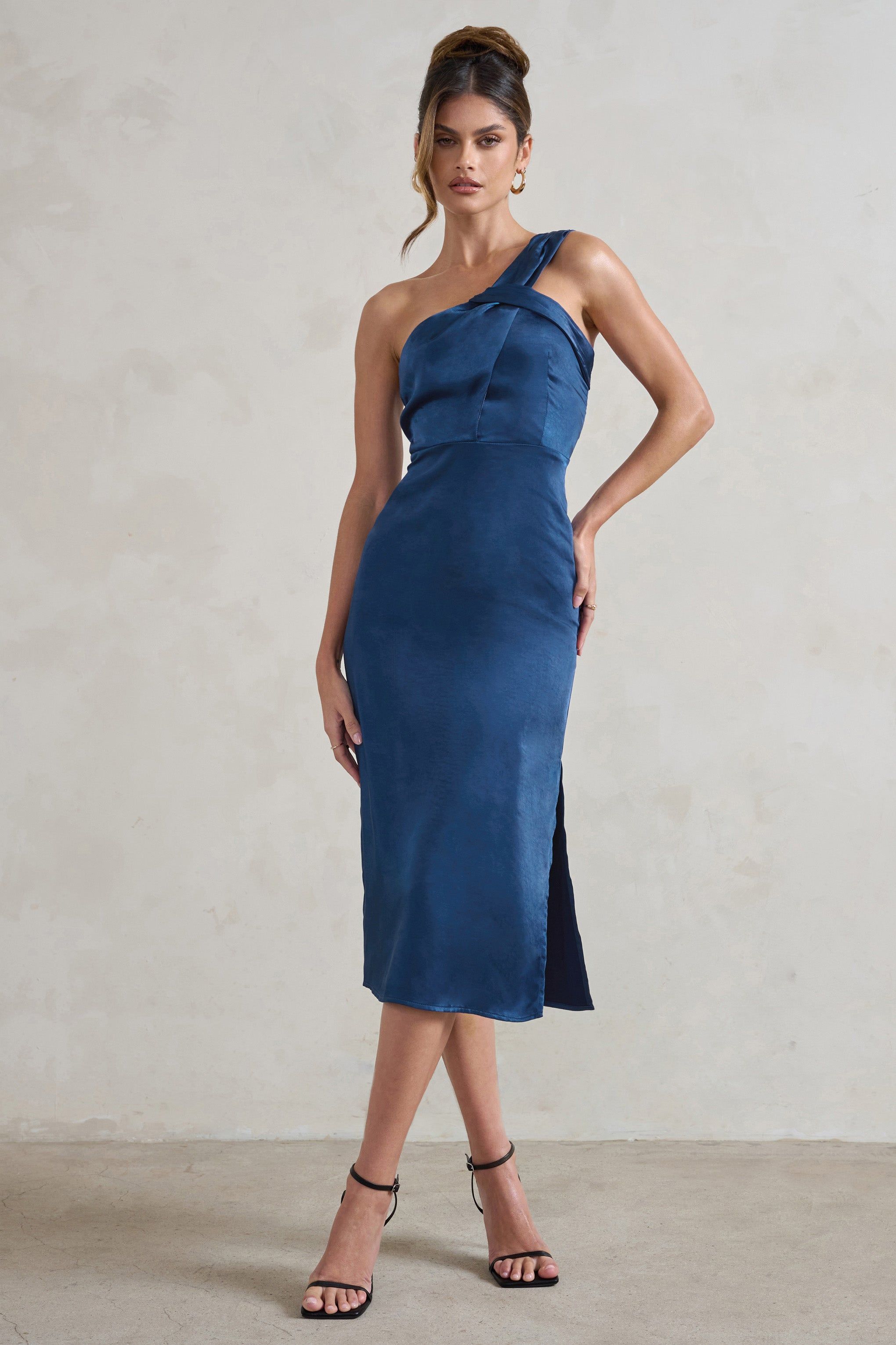 Steffie | Navy Asymmetric Satin Midi Dress sold by Club L London