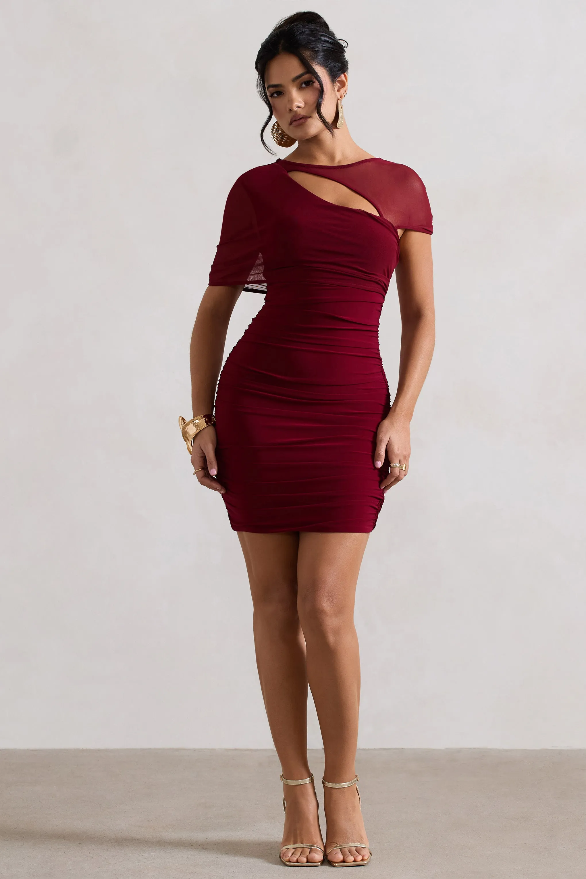 Himalaya | Mulberry Ruched Mini Dress With Mesh Overlay sold by Club L London