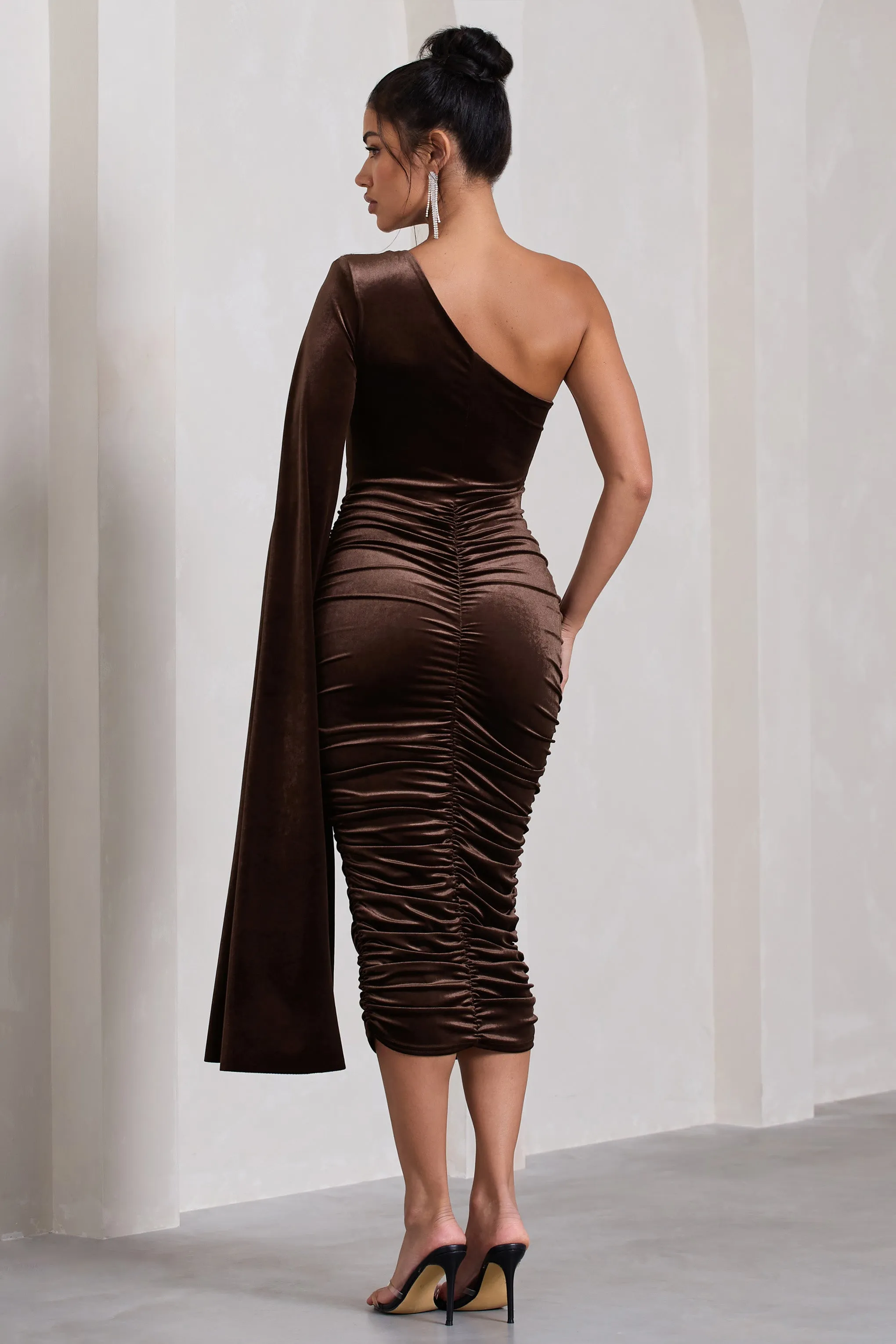 Gianna | Chocolate Velvet One Shoulder Cape Bodycon Midi Dress sold by Club L London product image thumbnail 2