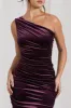 Dorit | Dark Purple Velvet One Shoulder Asymmetric Ruched Midi Dress sold by Club L London