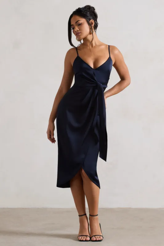 Sabela | Navy Satin Wrap Midi Dress With Knot Detail sold by Club L London