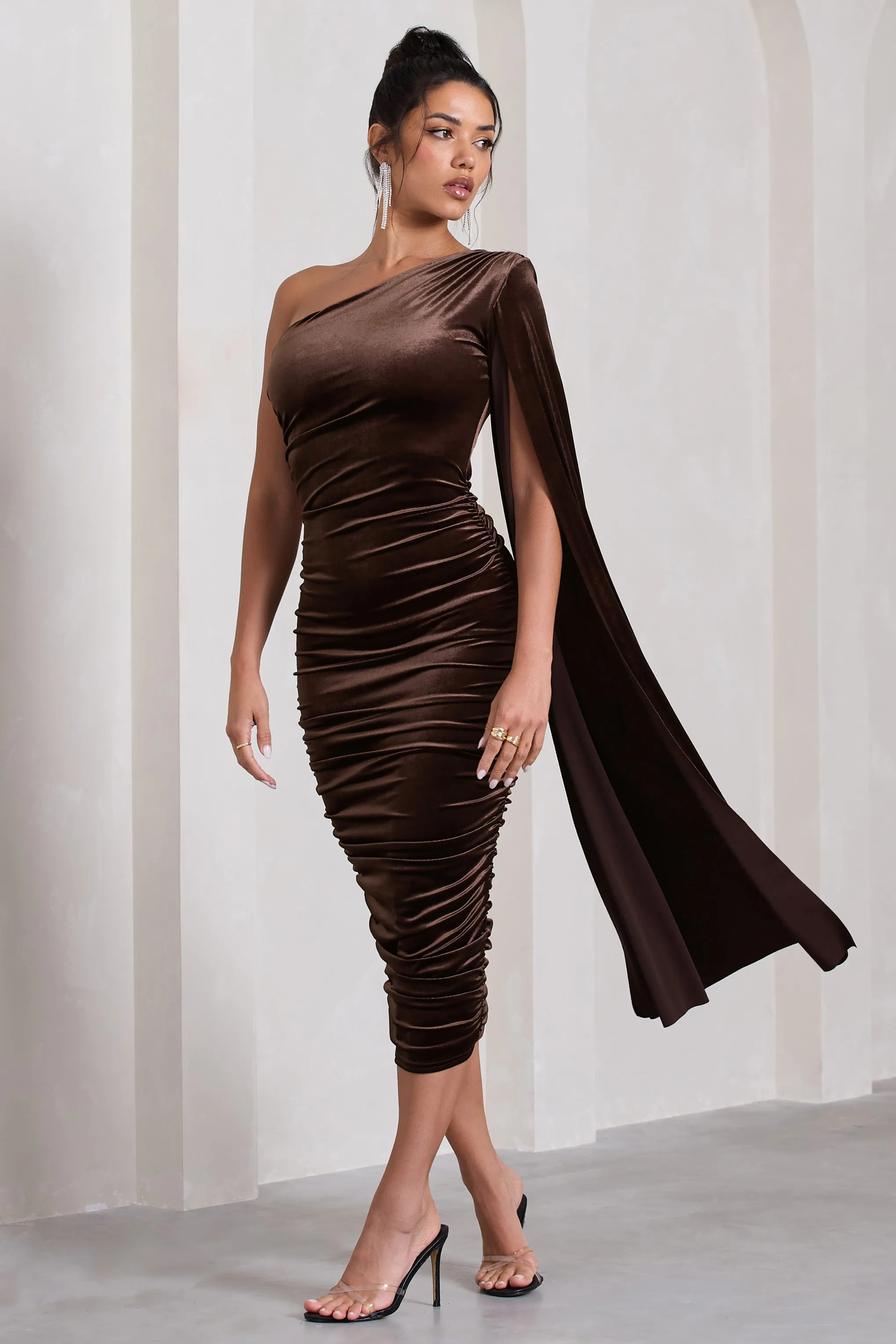 Gianna | Chocolate Velvet One Shoulder Cape Bodycon Midi Dress sold by Club L London
