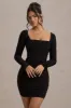 Muse | Black Long Sleeve Square Neck Ruched Mini Dress sold by Club L London