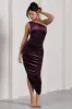 Dorit | Dark Purple Velvet One Shoulder Asymmetric Ruched Midi Dress sold by Club L London