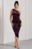 Dorit | Dark Purple Velvet One Shoulder Asymmetric Ruched Midi Dress sold by Club L London