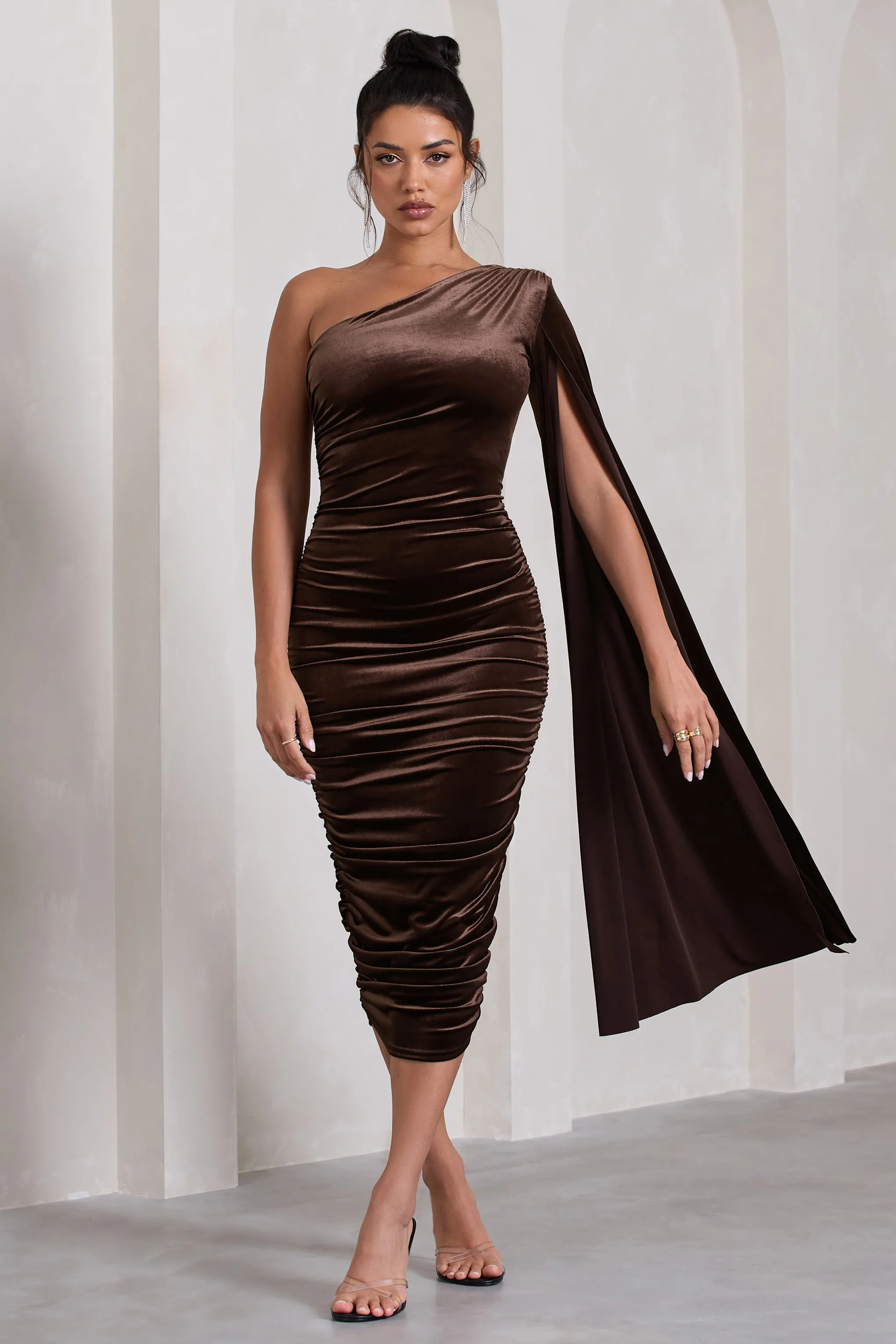 Gianna | Chocolate Velvet One Shoulder Cape Bodycon Midi Dress sold by Club L London product image thumbnail 4