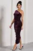 Dorit | Dark Purple Velvet One Shoulder Asymmetric Ruched Midi Dress sold by Club L London