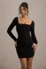 Muse | Black Long Sleeve Square Neck Ruched Mini Dress sold by Club L London