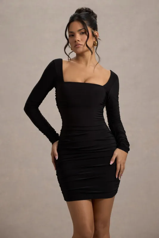 Muse | Black Long Sleeve Square Neck Ruched Mini Dress sold by Club L London