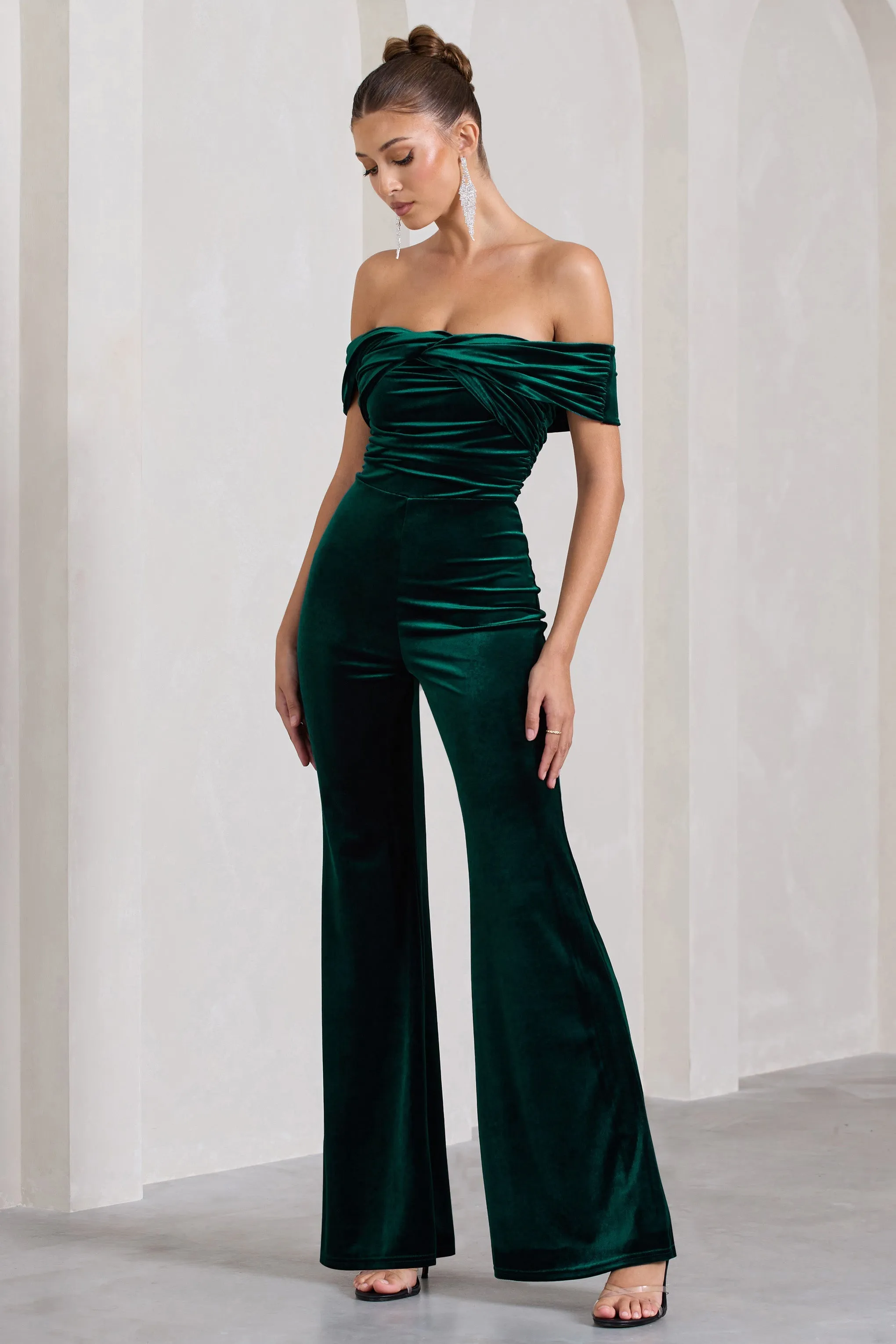 Recognition | Bottle Green Velvet Twisted Bardot Wide-Leg Jumpsuit sold by Club L London product image thumbnail 5