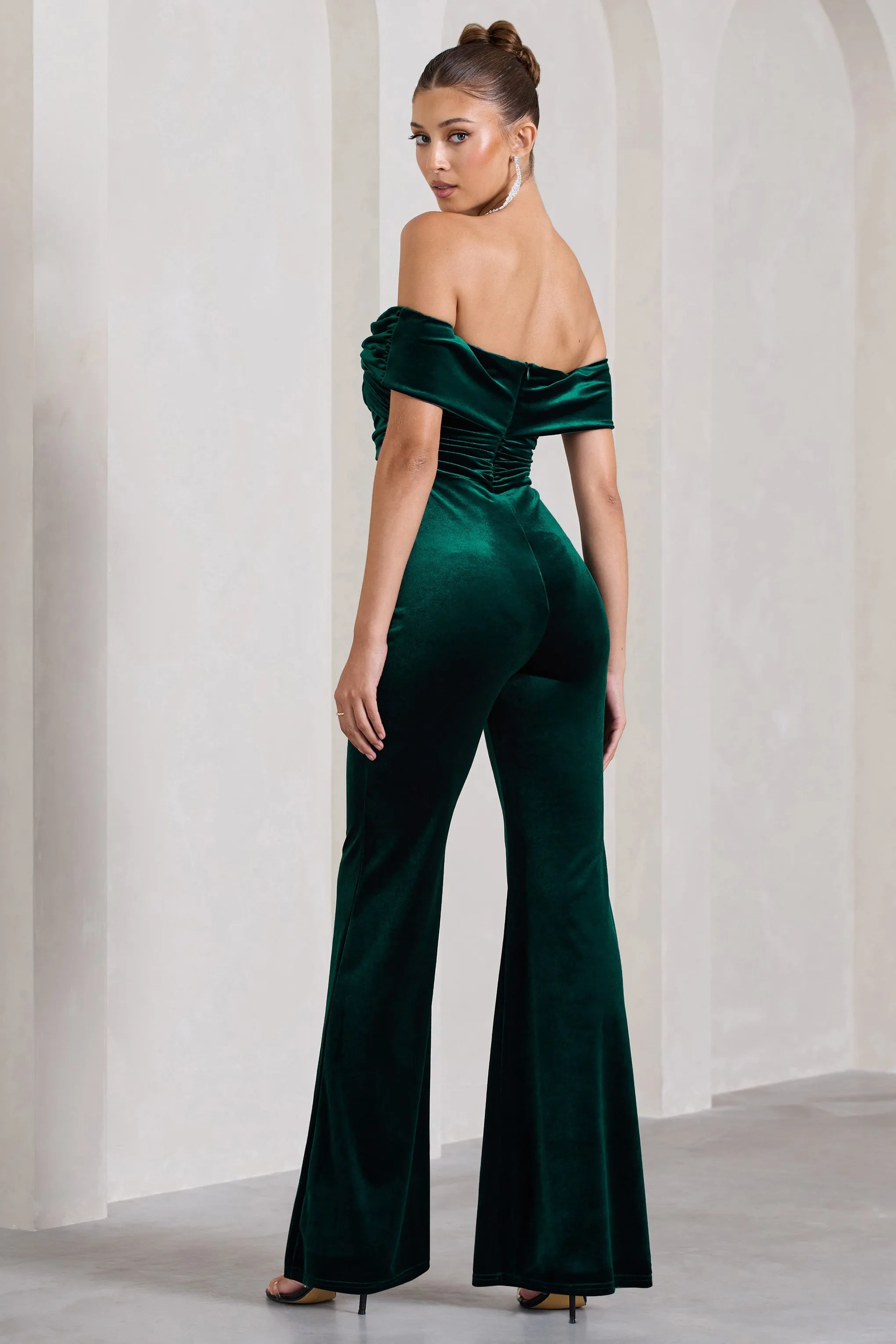 Recognition | Bottle Green Velvet Twisted Bardot Wide-Leg Jumpsuit sold by Club L London product image thumbnail 2