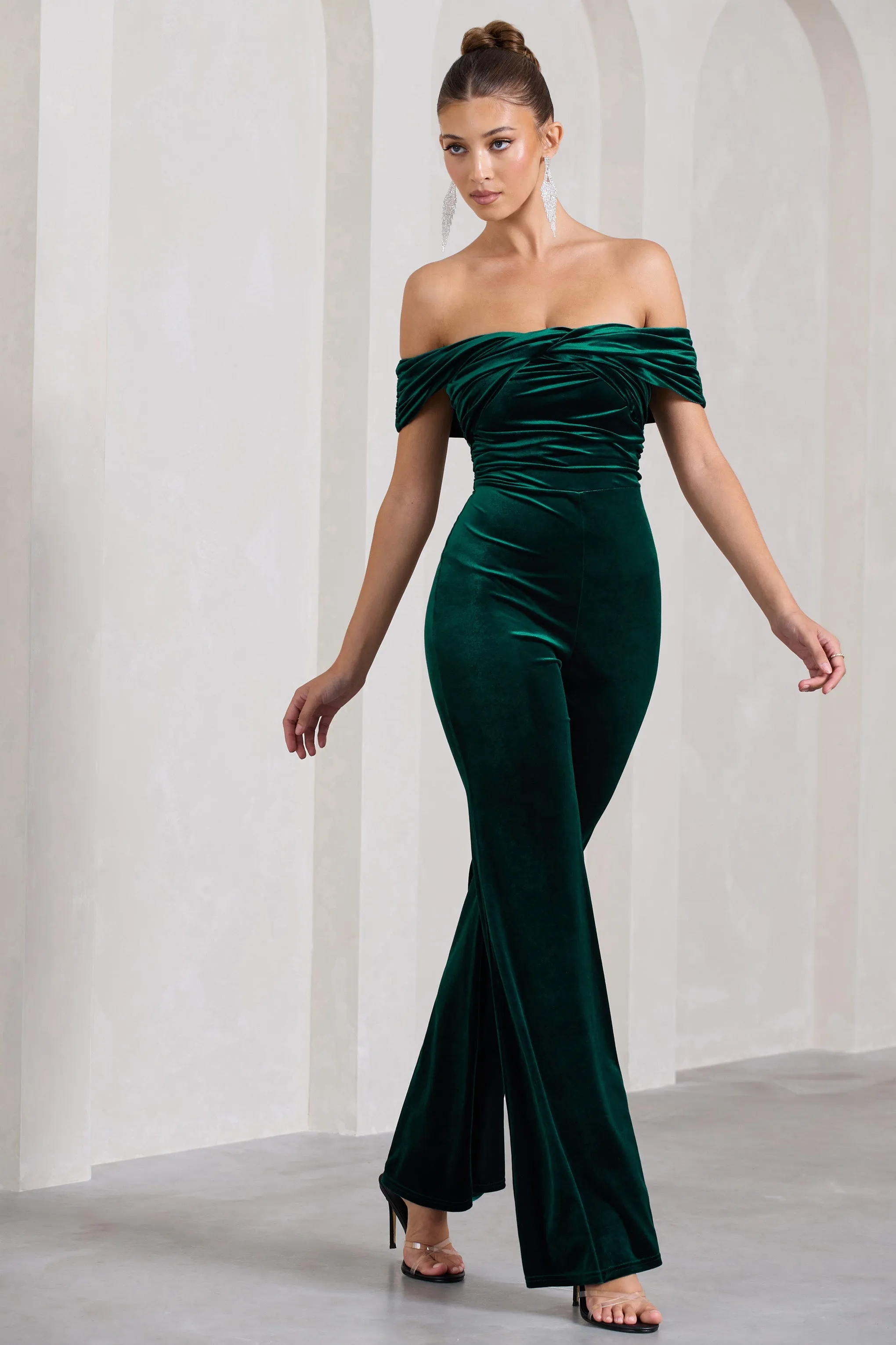 Recognition | Bottle Green Velvet Twisted Bardot Wide-Leg Jumpsuit sold by Club L London product image thumbnail 3