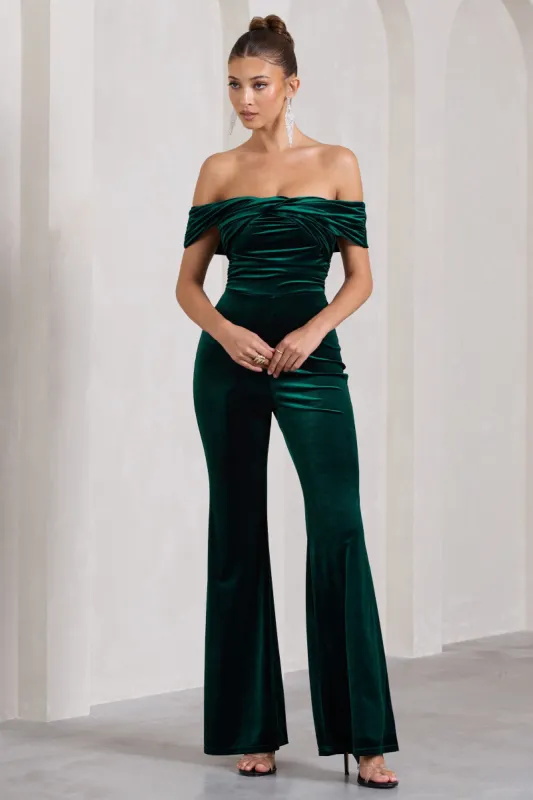 Recognition | Bottle Green Velvet Twisted Bardot Wide-Leg Jumpsuit sold by Club L London
