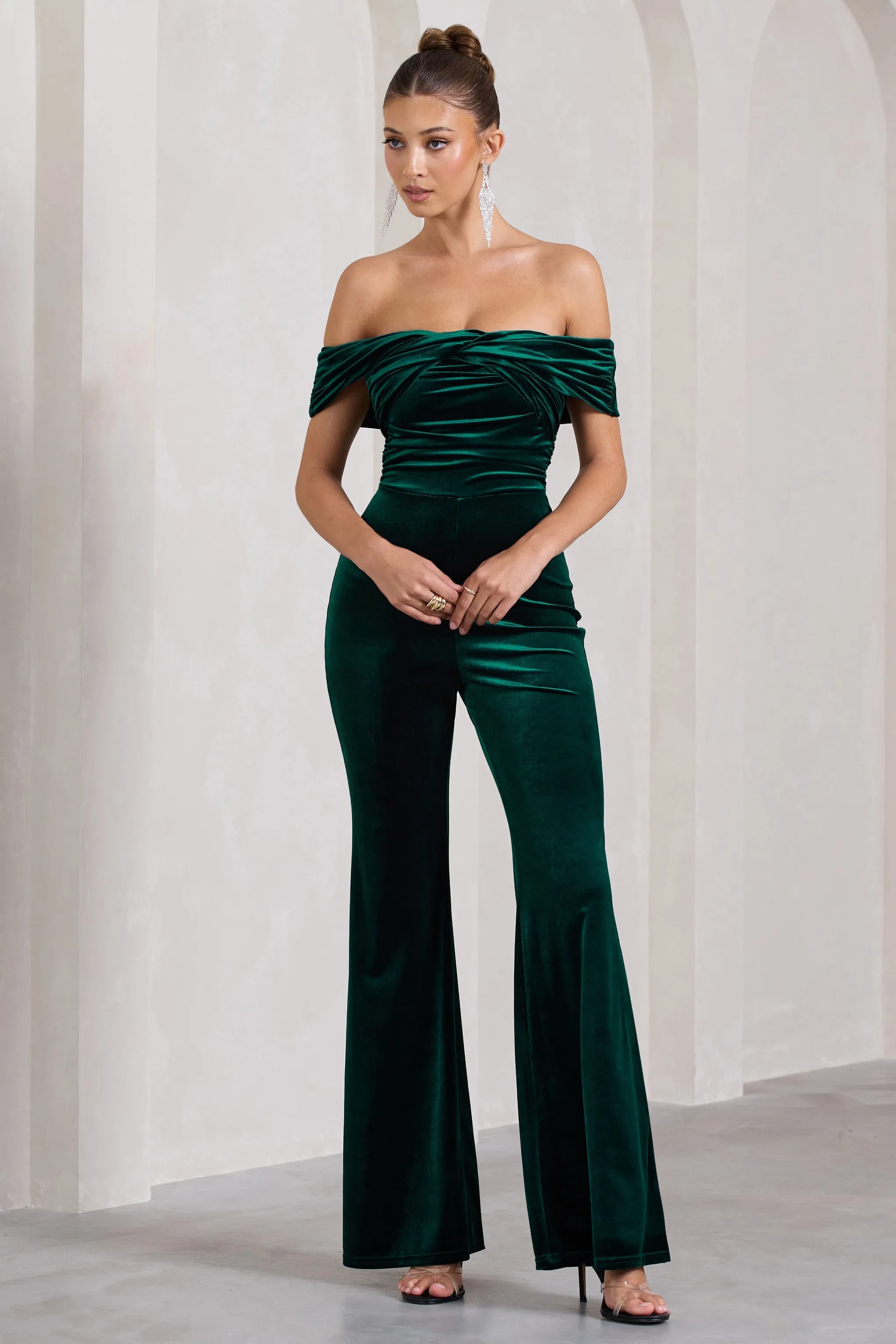Recognition | Bottle Green Velvet Twisted Bardot Wide-Leg Jumpsuit sold by Club L London