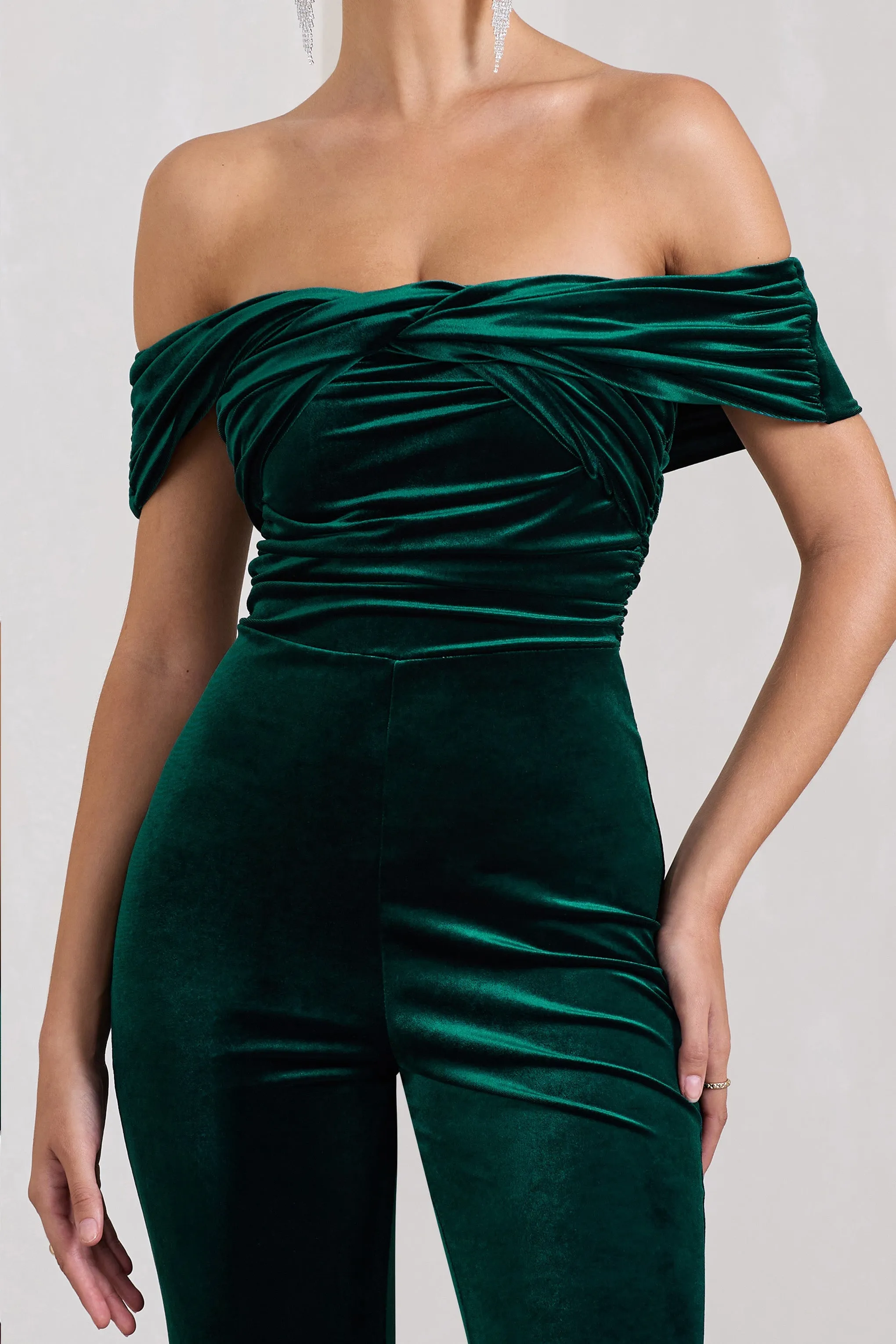 Recognition | Bottle Green Velvet Twisted Bardot Wide-Leg Jumpsuit sold by Club L London product image thumbnail 4