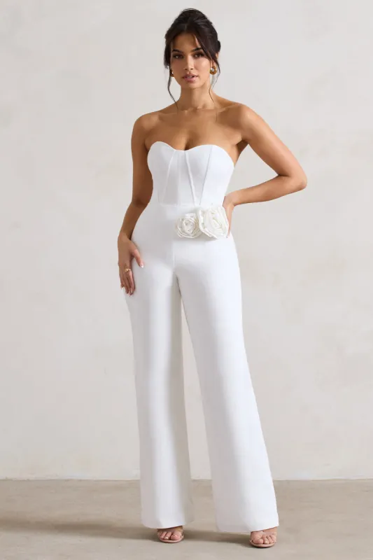 Sonia | White Sweetheart Corset Straight-Leg Jumpsuit With Flowers sold by Club L London