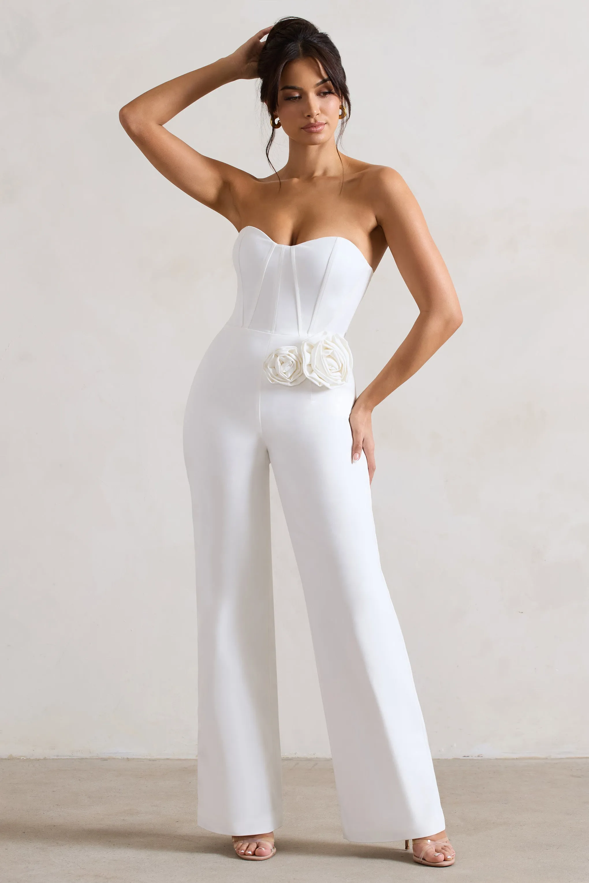 Sonia | White Sweetheart Corset Straight-Leg Jumpsuit With Flowers sold by Club L London product image thumbnail 4