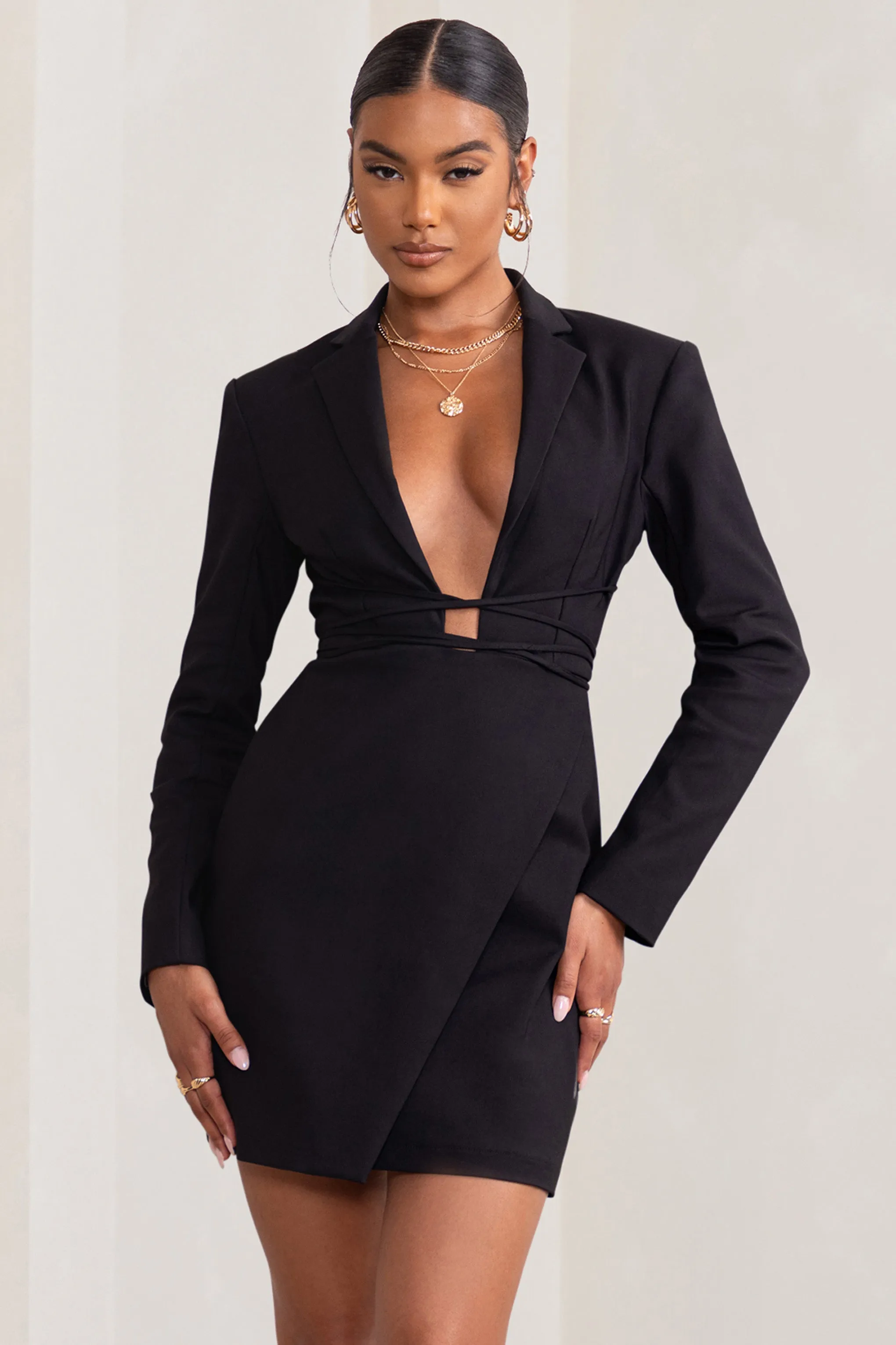 Alexandra | Black Plunge Neck Strap Detail Blazer Mini Dress sold by Club L London