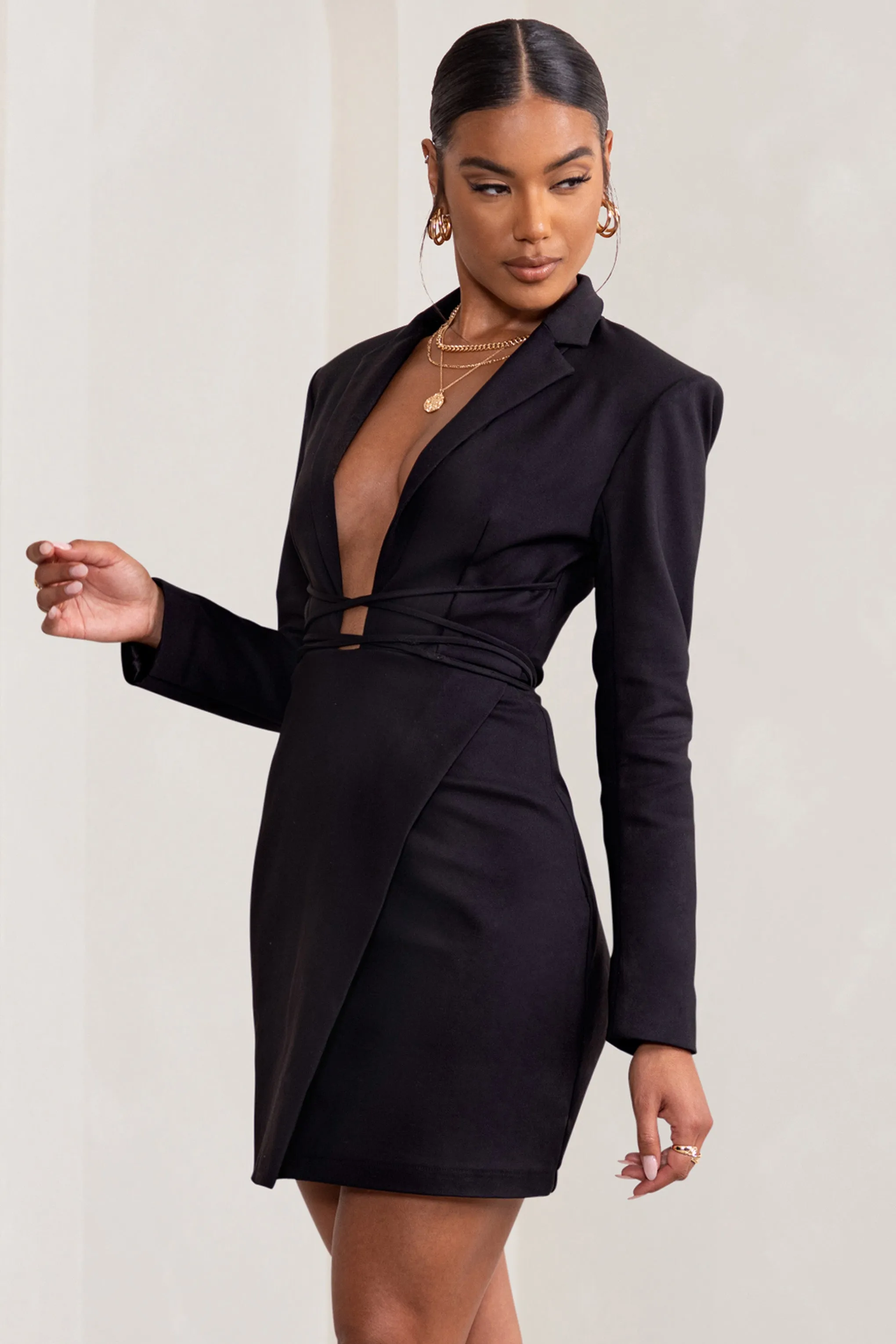 Alexandra | Black Plunge Neck Strap Detail Blazer Mini Dress sold by Club L London product image thumbnail 4