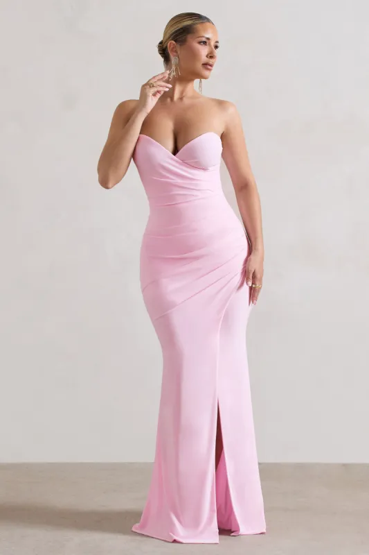 Saphira | Pink Gathered Corset Style Split Maxi Dress sold by Club L London