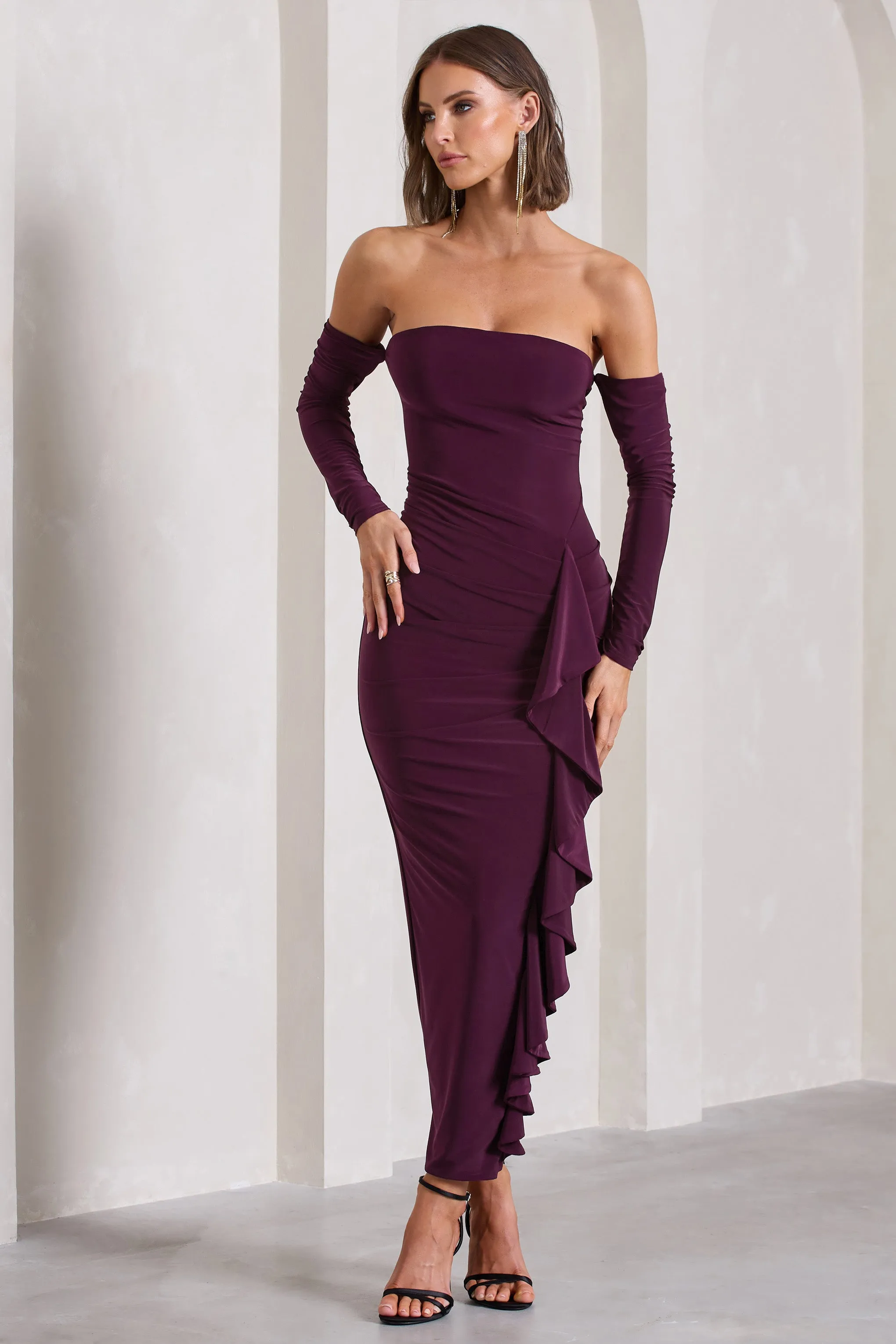 Montana | Plum Bardot Ruffle Maxi Dress sold by Club L London