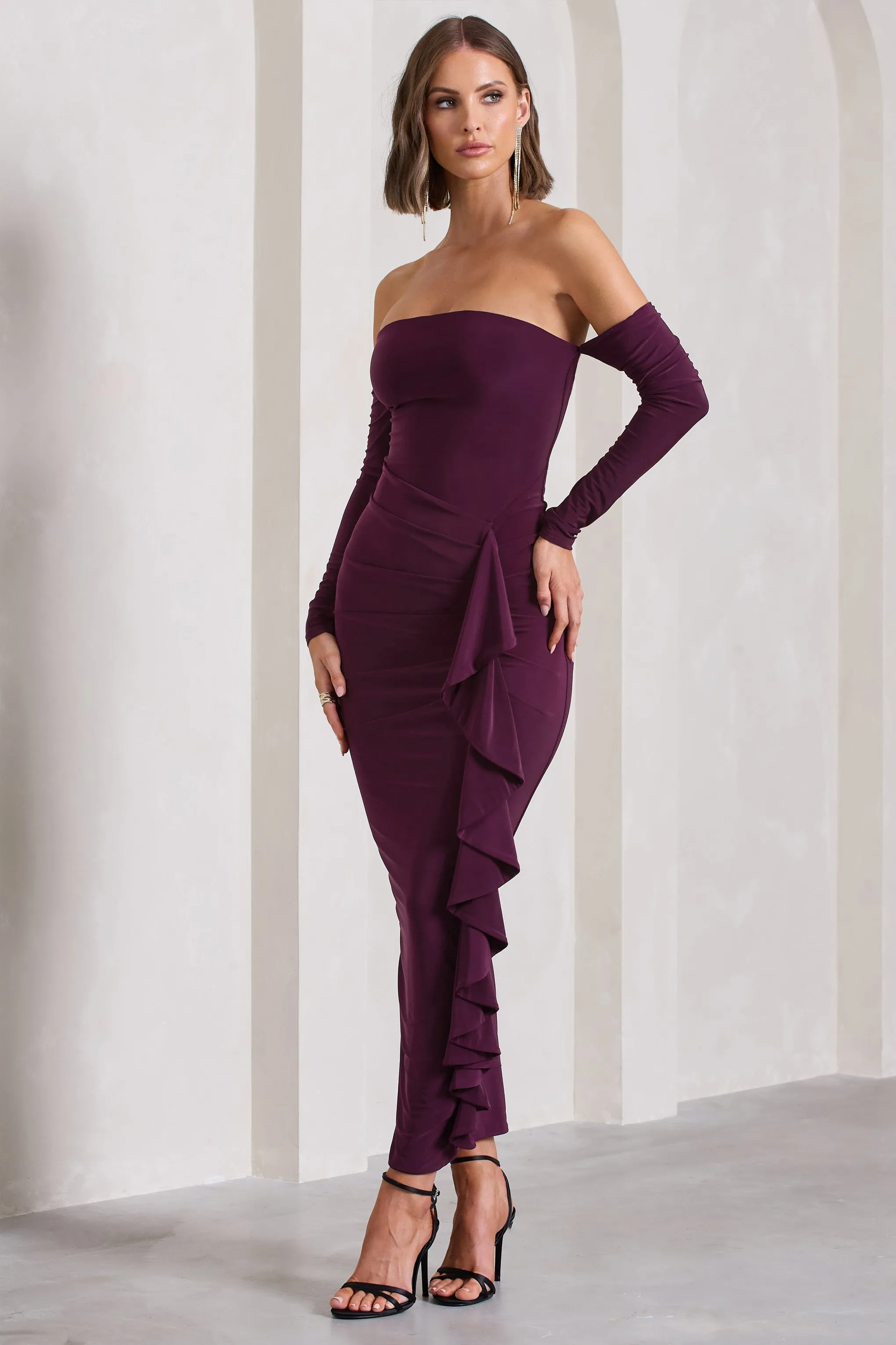 Montana | Plum Bardot Ruffle Maxi Dress sold by Club L London product image thumbnail 5