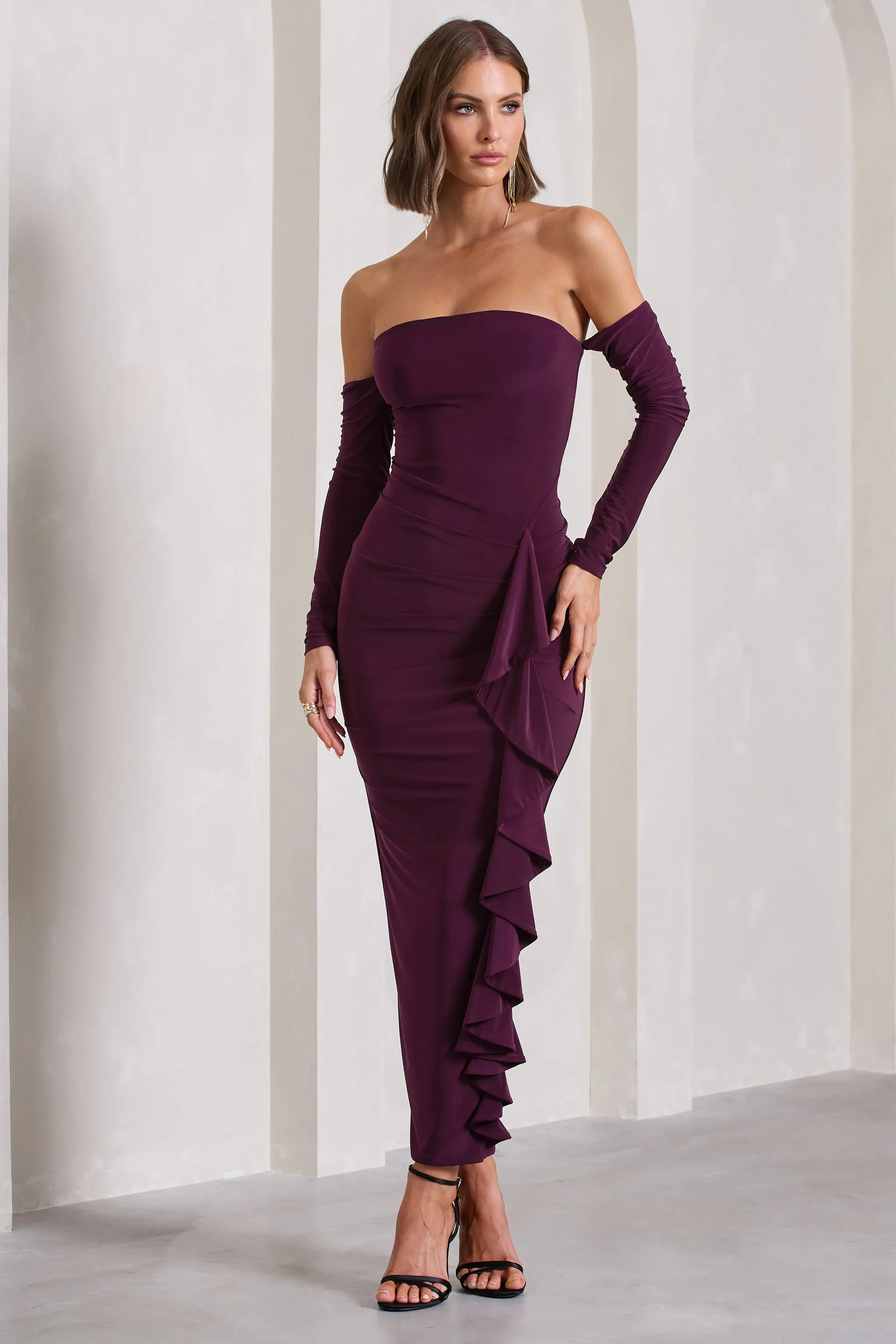 Montana | Plum Bardot Ruffle Maxi Dress sold by Club L London product image thumbnail 4