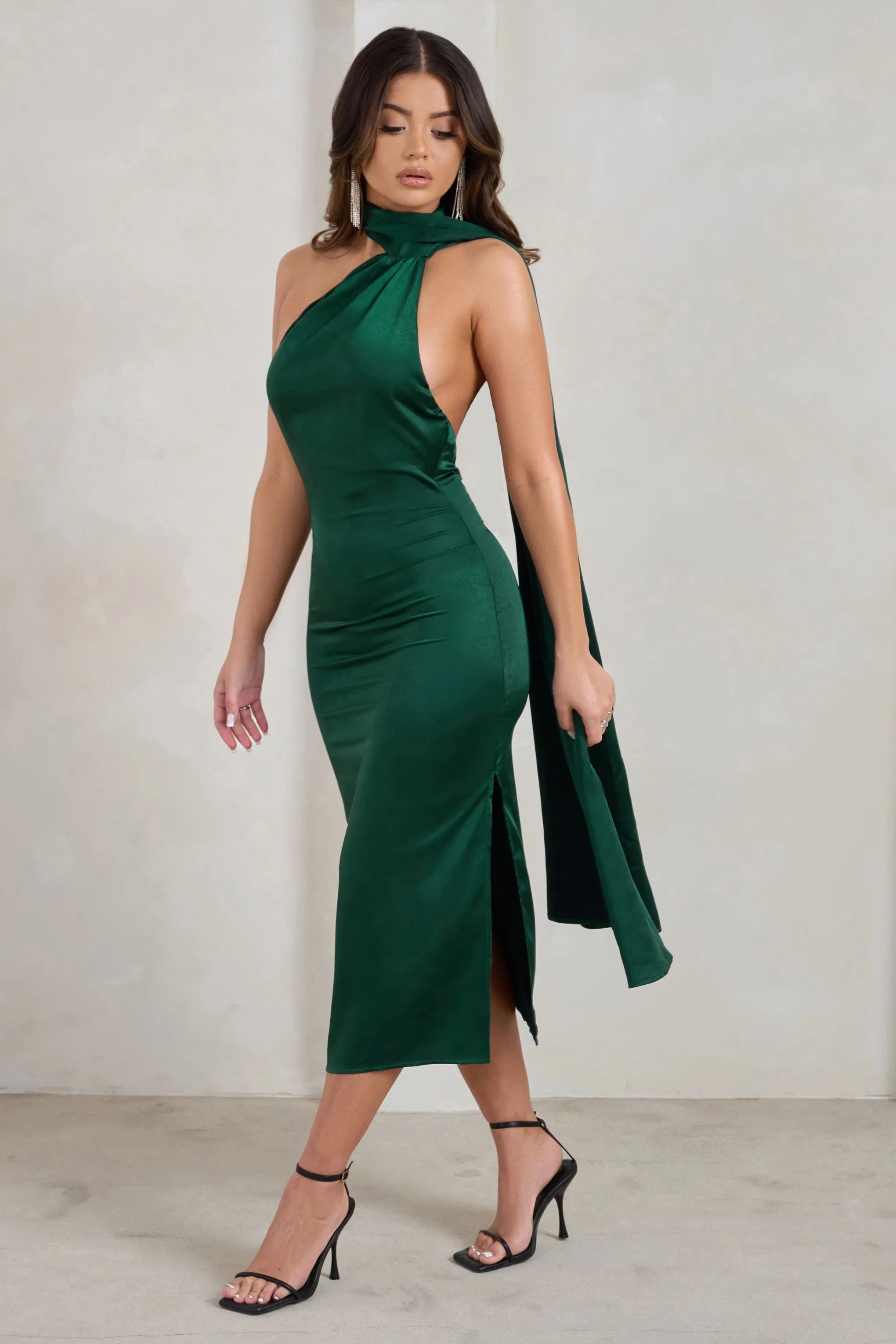 Madame | Bottle Green Satin Asymmetric Scarf Neck Backless Midi Dress sold by Club L London product image thumbnail 5