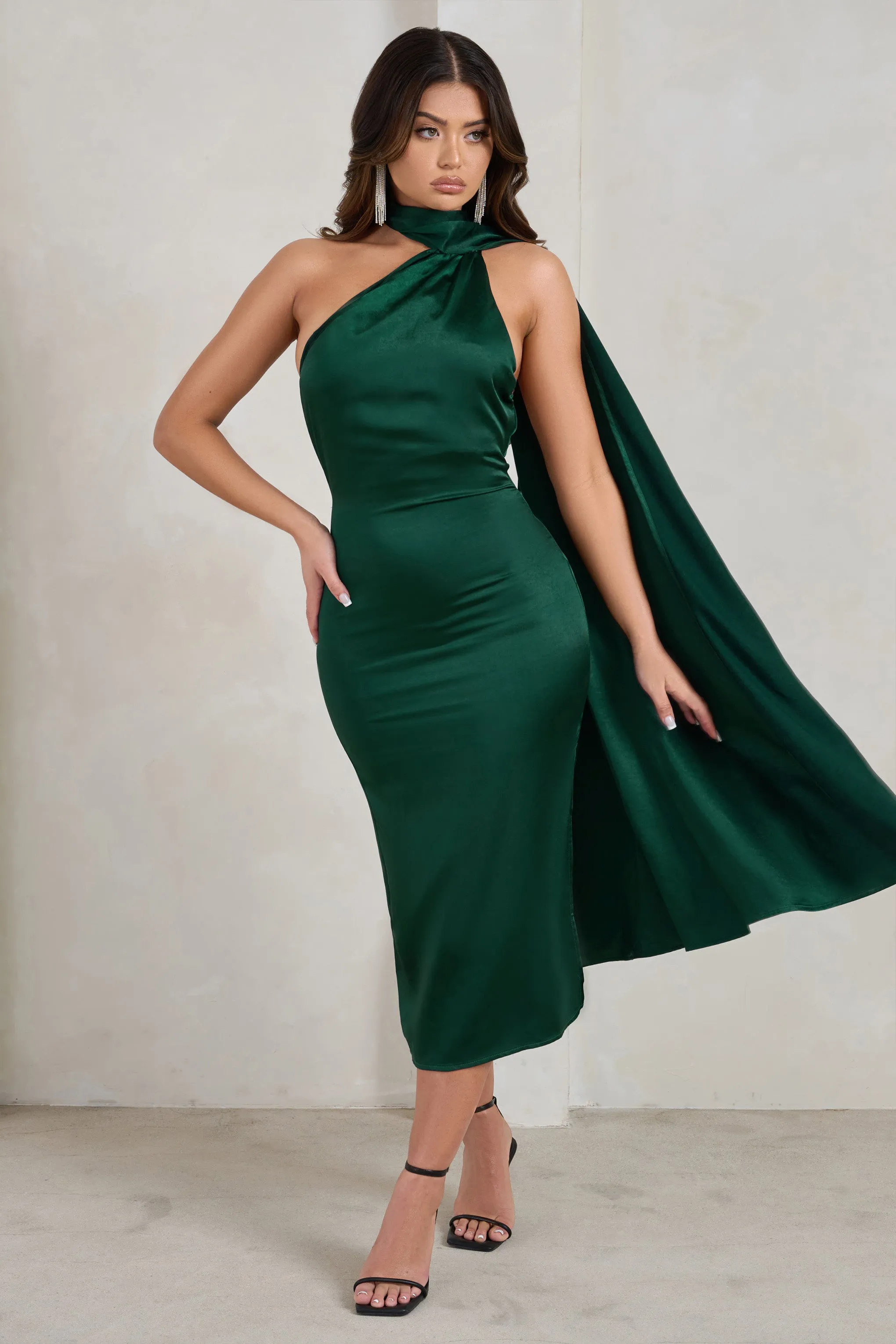 Madame | Bottle Green Satin Asymmetric Scarf Neck Backless Midi Dress sold by Club L London