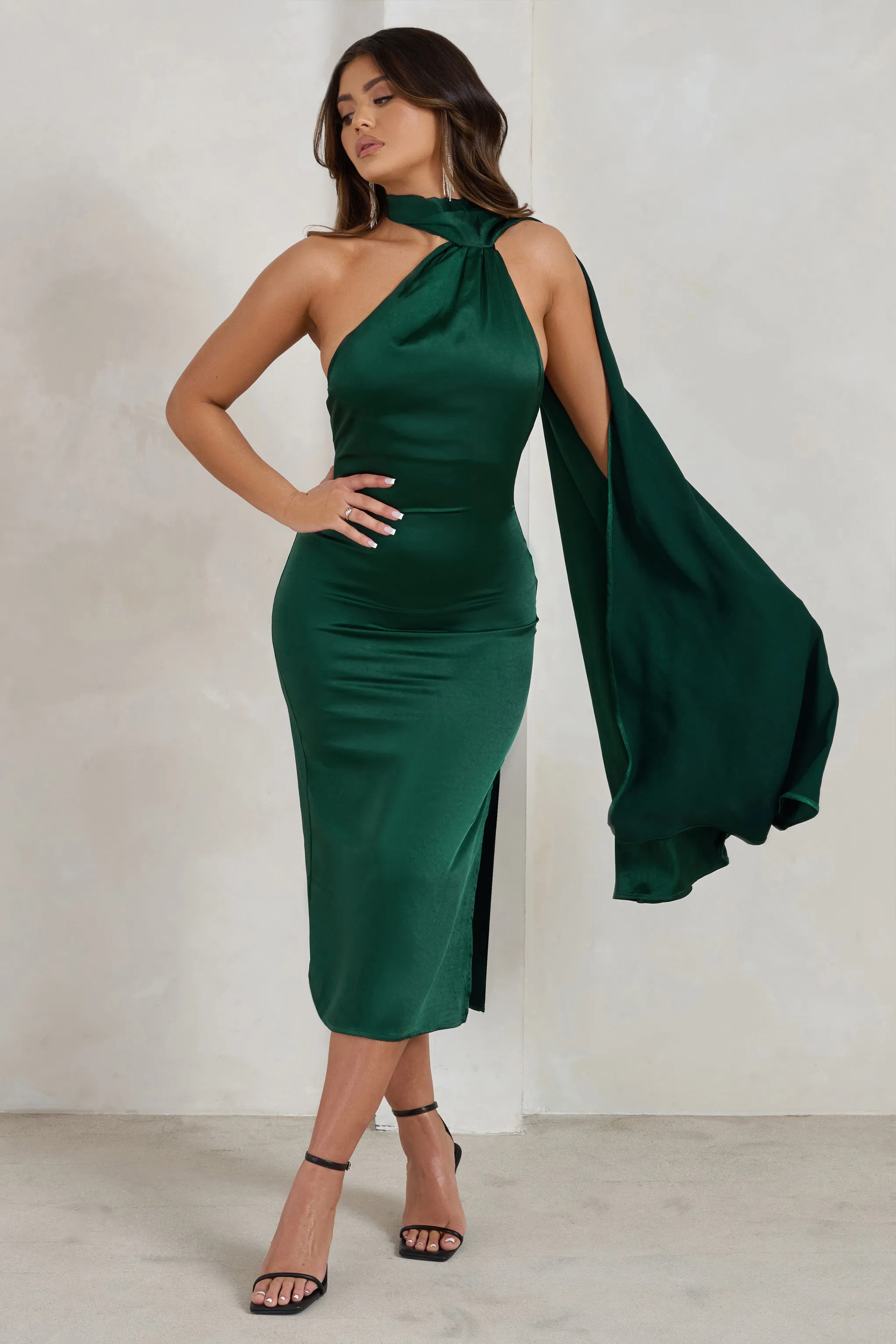Madame | Bottle Green Satin Asymmetric Scarf Neck Backless Midi Dress sold by Club L London product image thumbnail 3