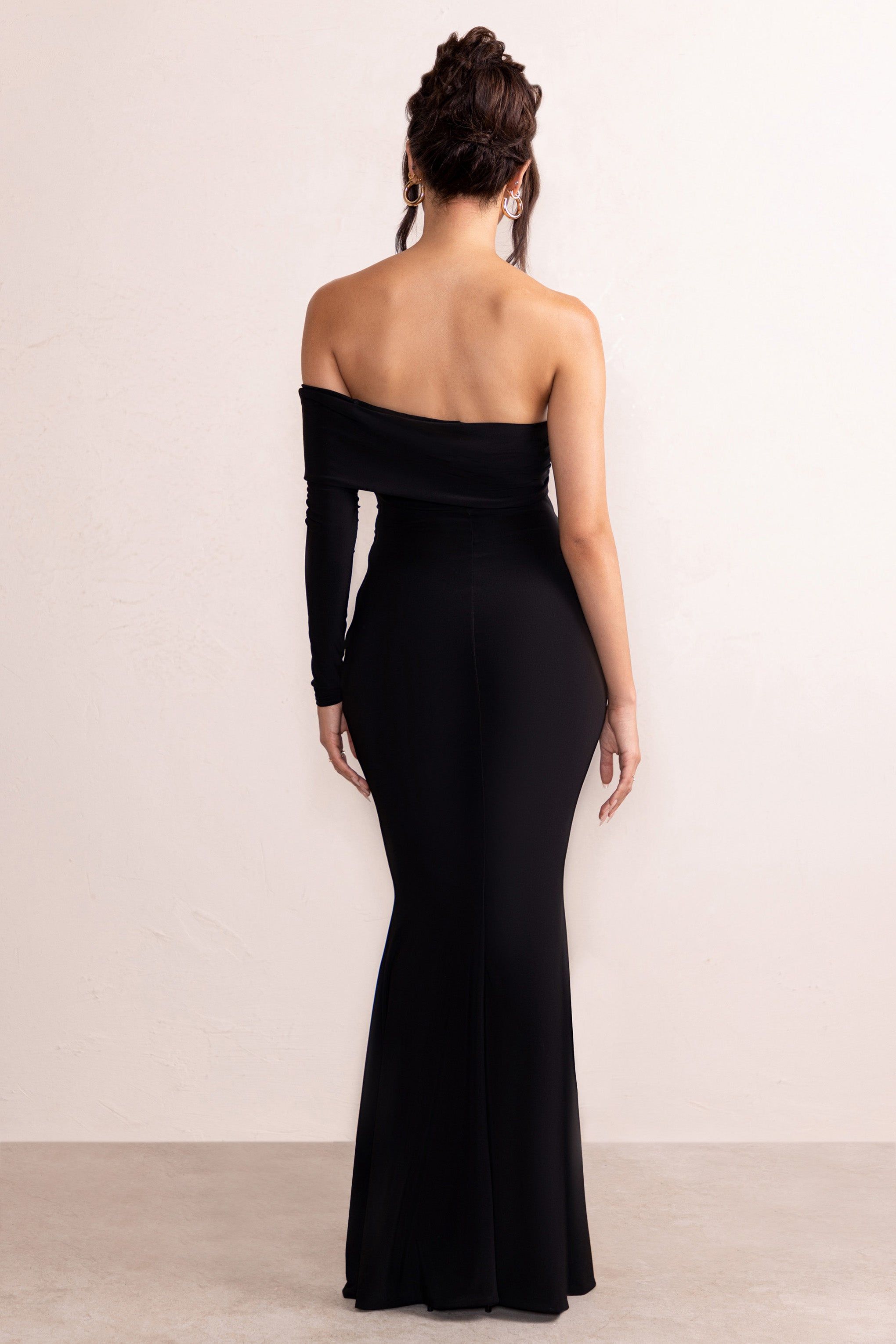Meghan | Black Bardot Neck Thigh Split Fishtail Maxi Dress sold by Club L London product image thumbnail 2