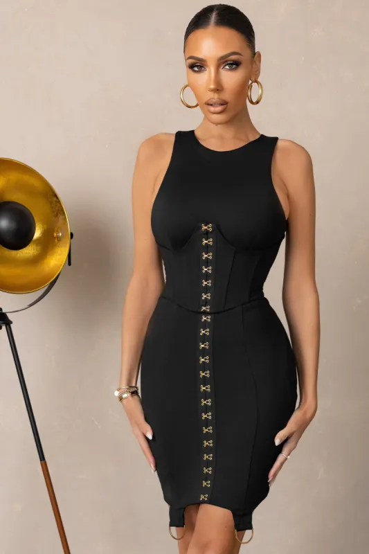 Ablaze | Black Racer Neck Corset Mini Dress sold by Club L London