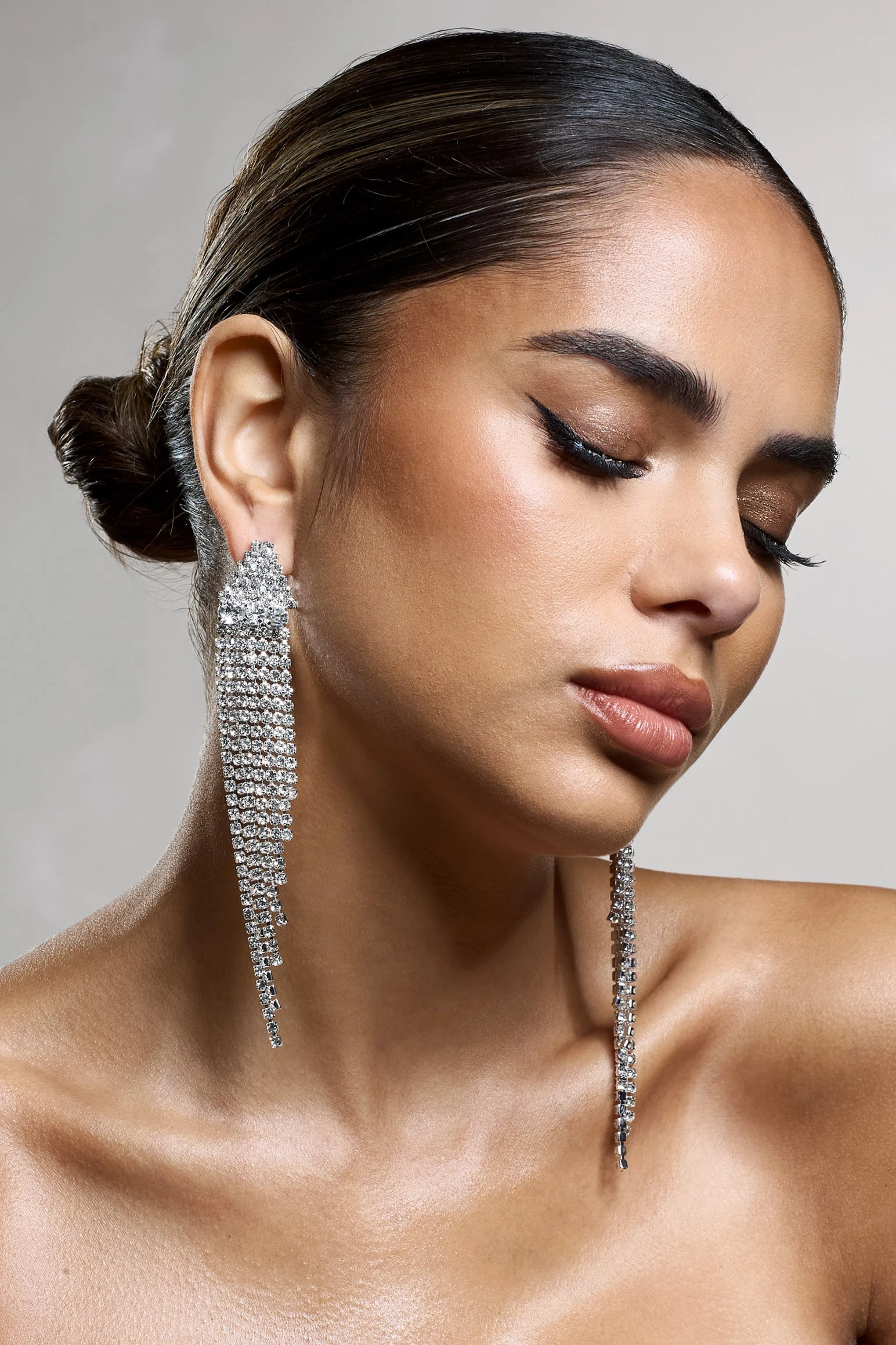 Prosper | Silver Diamante Tassel Earrings sold by Club L London product image thumbnail 2