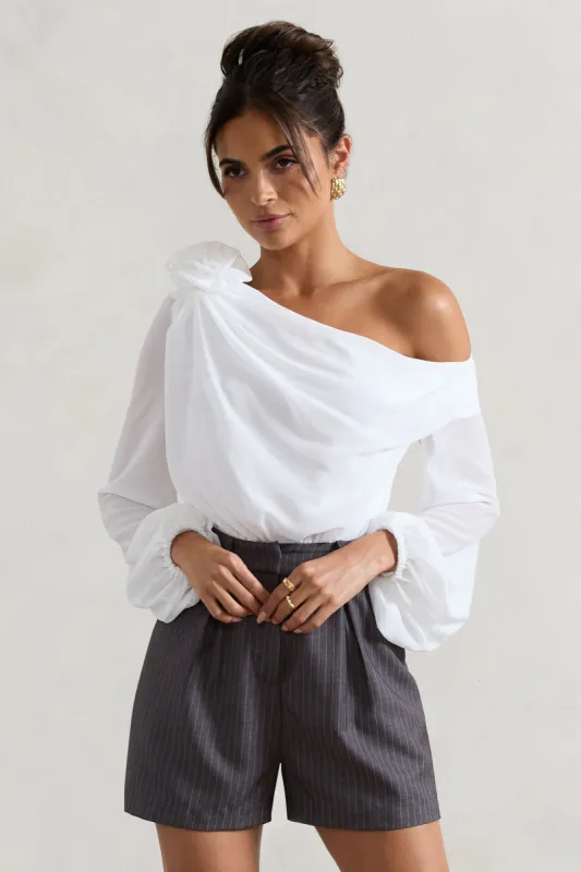 Violeta | White One-Shoulder Puff-Sleeve Bodysuit With Corsage sold by Club L London